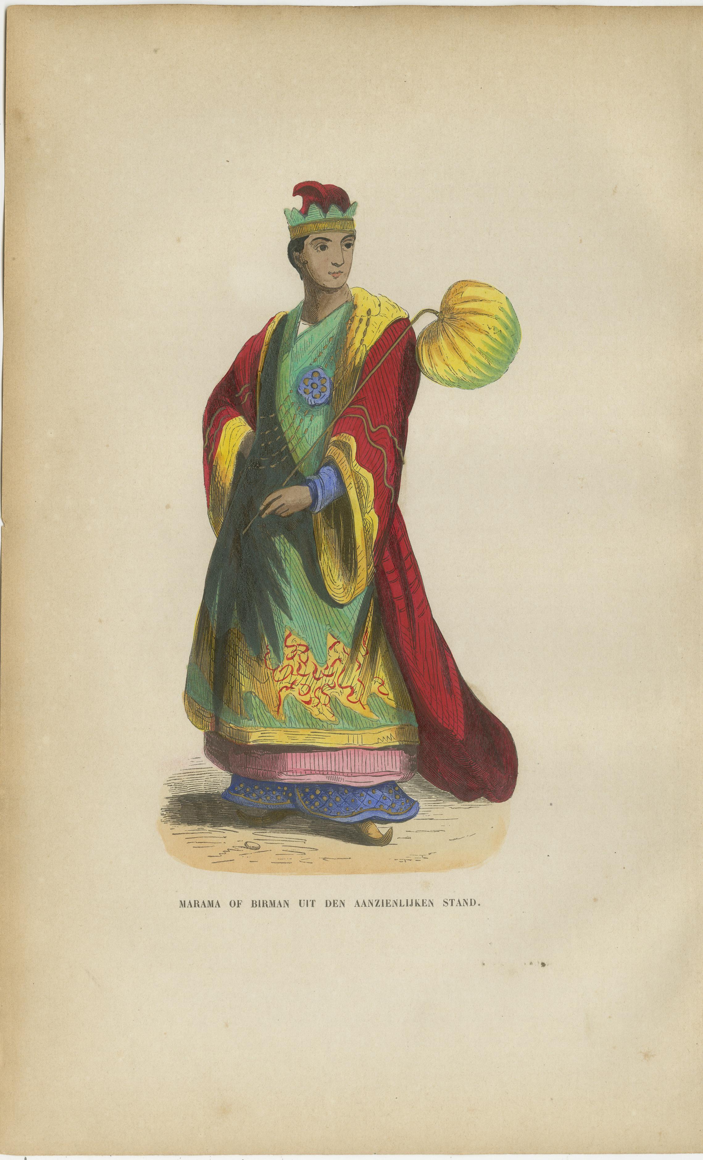 Burmese Nobleman & Noblewoman Costume Prints, Hand-Colored Pair, 1854