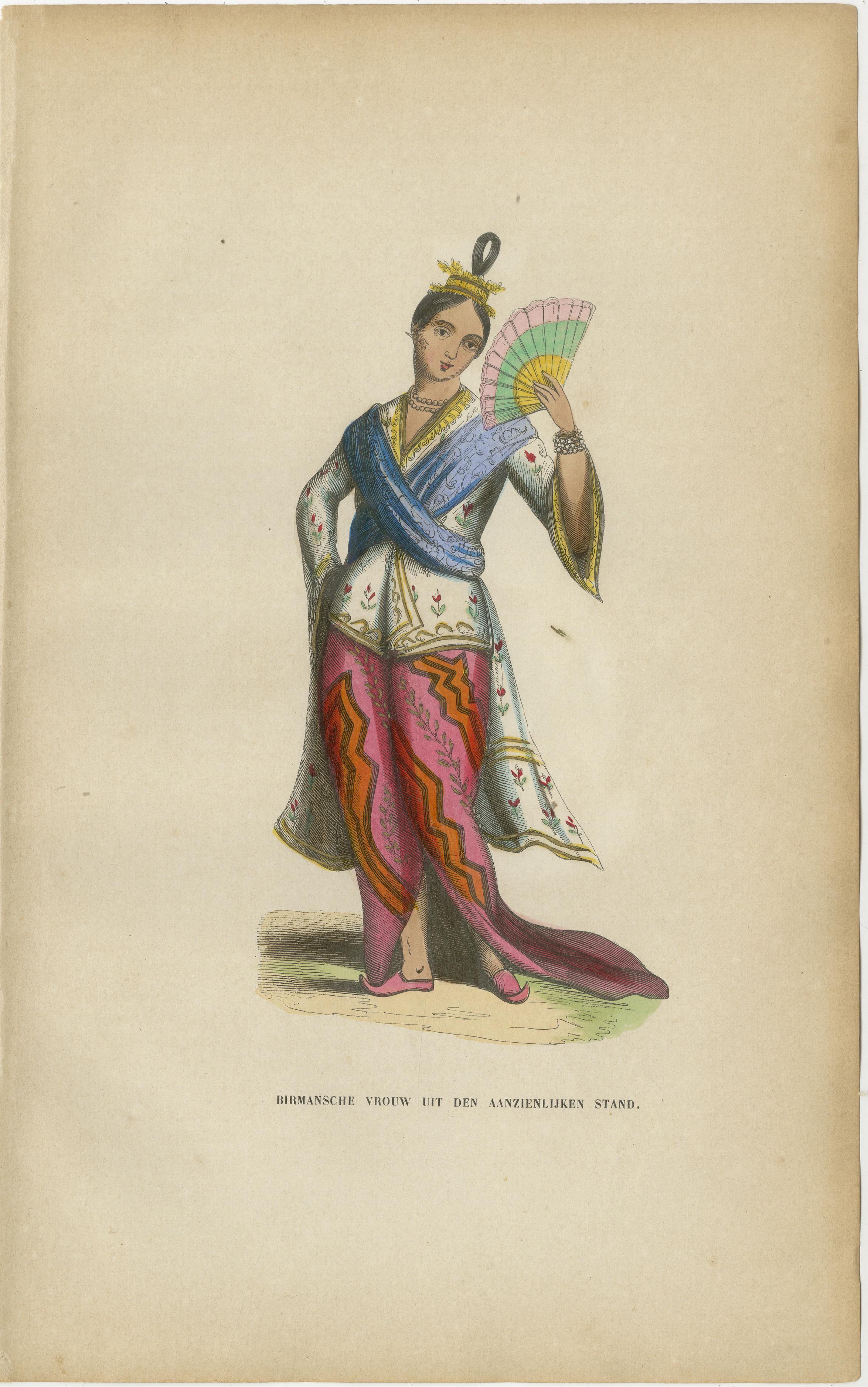 Burmese Nobleman & Noblewoman Costume Prints, Hand-Colored Pair, 1854
