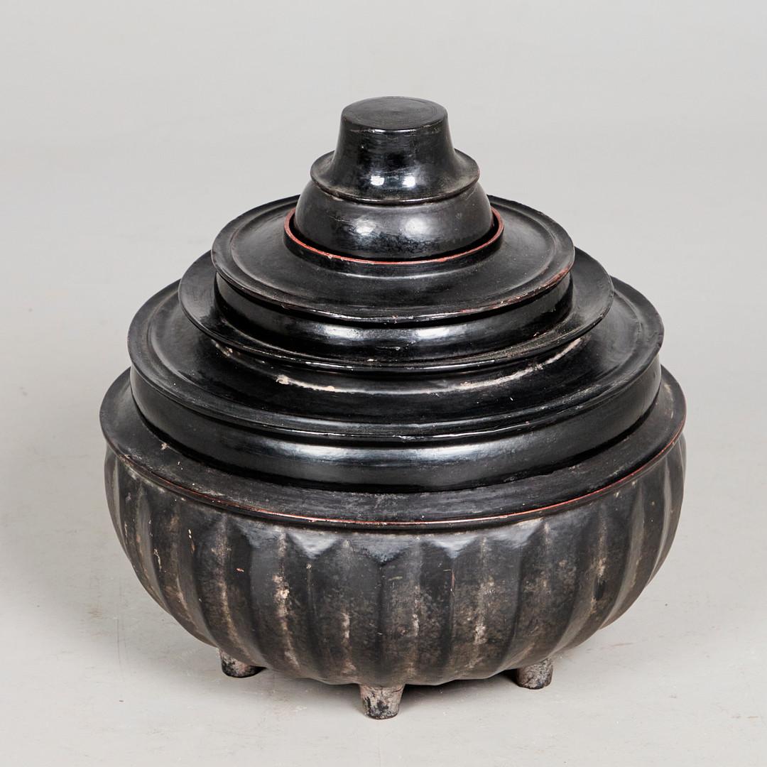 Burmese offering bowl, bamboo, lacquer, early 20th century. 

Multi-part sacrificial bowl with bamboo core and polychrome lacquer finish, consisting of a large, ribbed bowl on small feet, a bowl with a compartmented lid that can be attached, a