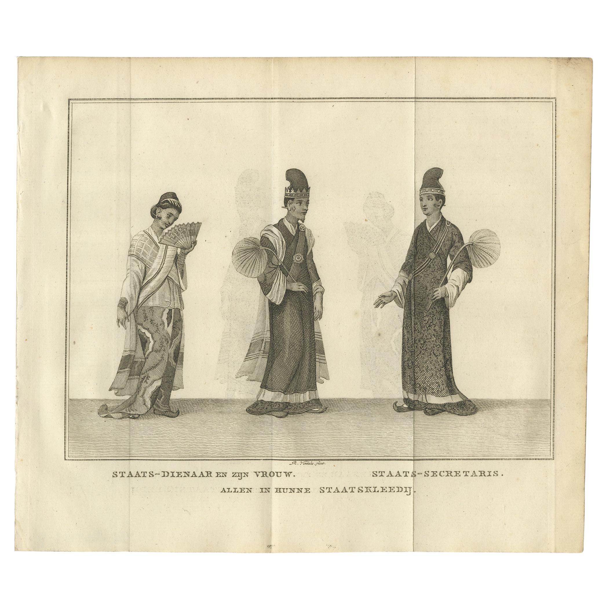Birmesischer Staatsbeamter, seine Frau und ein Sekretär in zeremonieller Kleidung - Antiker Kostümdruck, um 1800

Dieser fein ausgeführte niederländische Stich mit dem Titel 