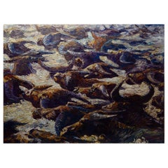 Burmese Oil Painting of a Herd of Buffaloes