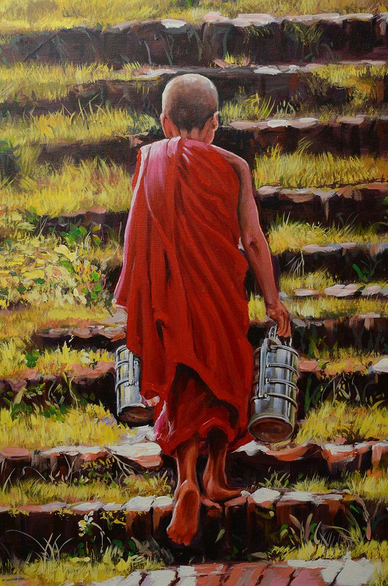 Burmese oil painting of a monk walking up a stair with nice color.

Age: Burma, Contemporary, Early 21th Century
Size: Height 91.5 C.M. / width 61 C.M.
Condition: Nice condition overall.

100% satisfaction and authenticity guaranteed with free