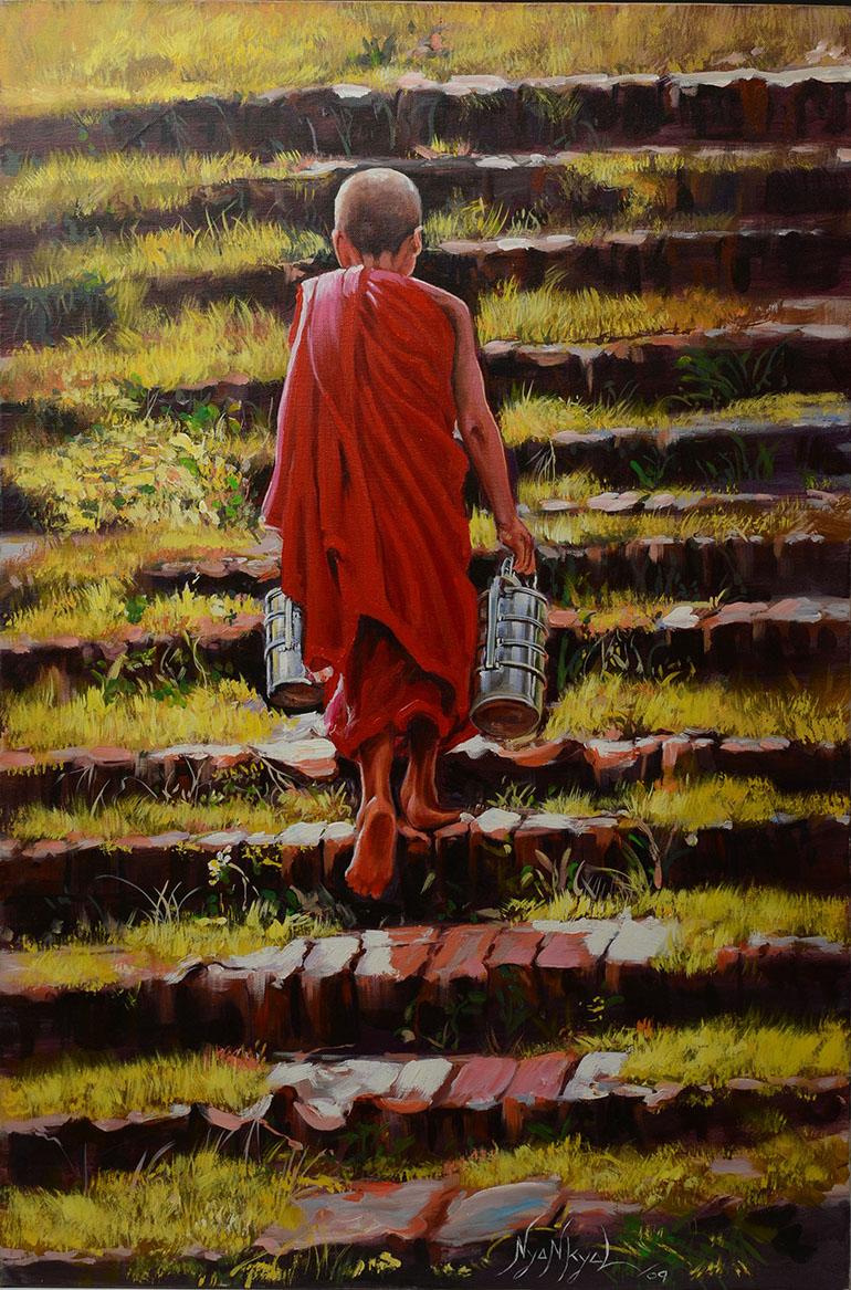 Burmese oil painting of a monk walking up a stair with nice color.

Age: Burma, Contemporary, Early 21th Century
Size: Height 91.5 C.M. / width 61 C.M.
Condition: Nice condition overall.

100% satisfaction and authenticity guaranteed with free
