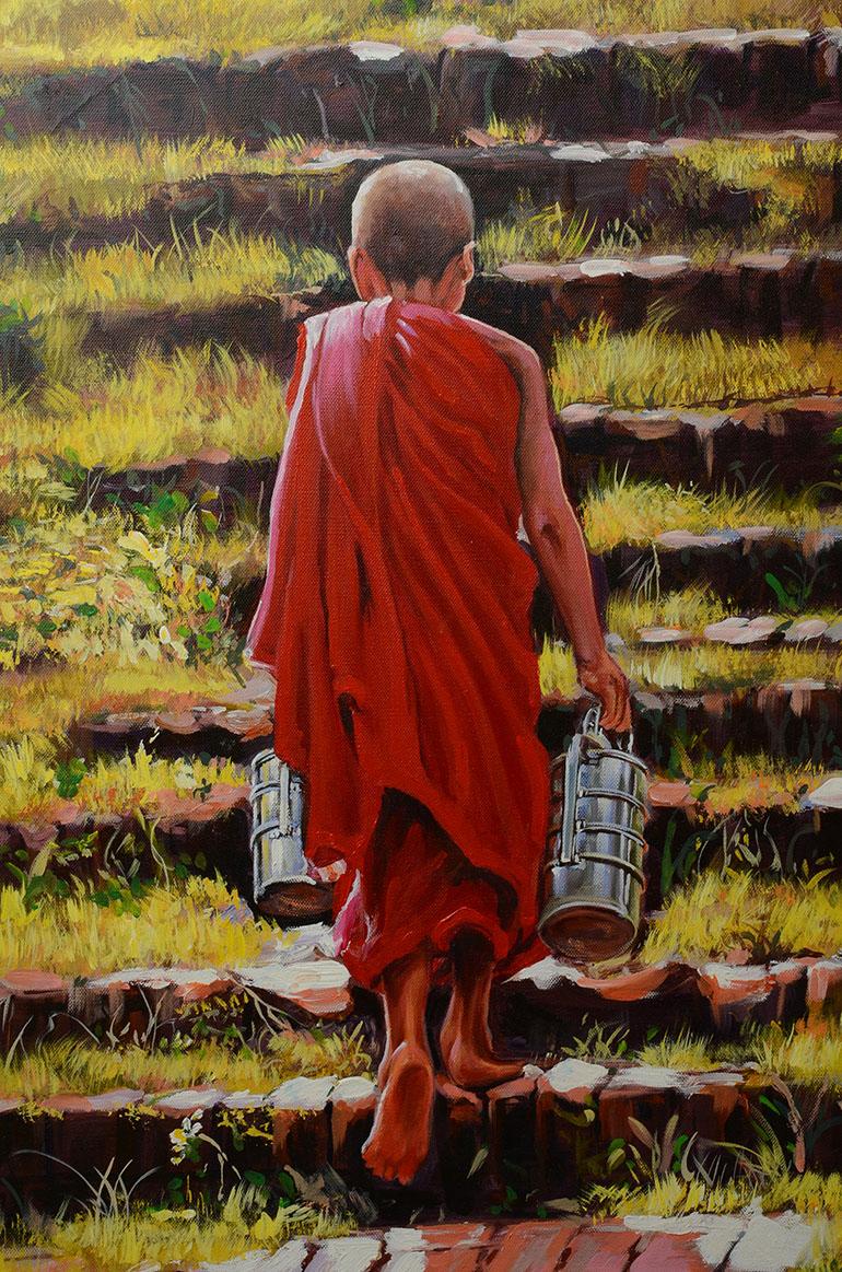 Hand-Painted Burmese Oil Painting of A Monk Walking Up a Stair For Sale
