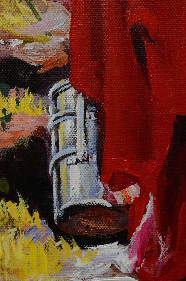 Burmese Oil Painting of A Monk Walking Up a Stair In Good Condition For Sale In Sampantawong, TH