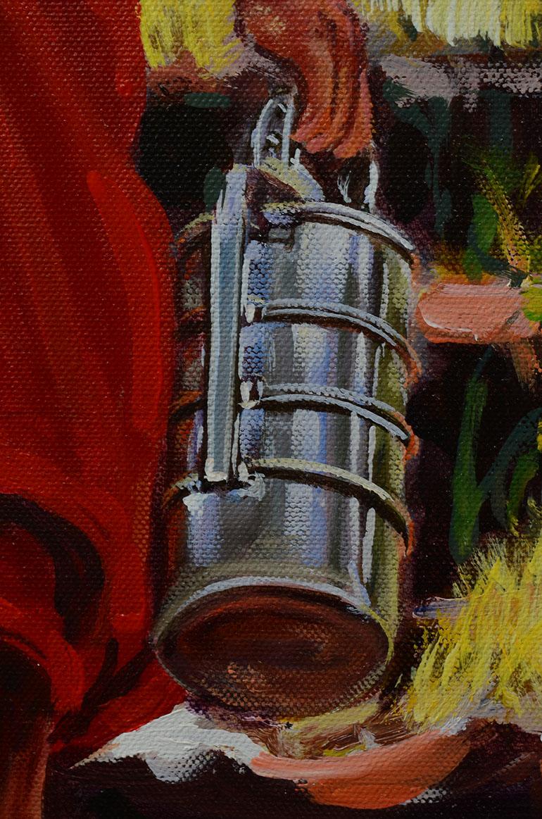 Contemporary Burmese Oil Painting of A Monk Walking Up a Stair For Sale
