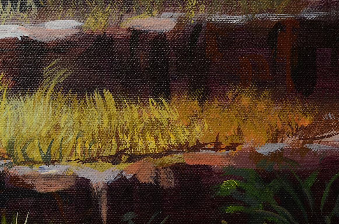 Canvas Burmese Oil Painting of A Monk Walking Up a Stair For Sale