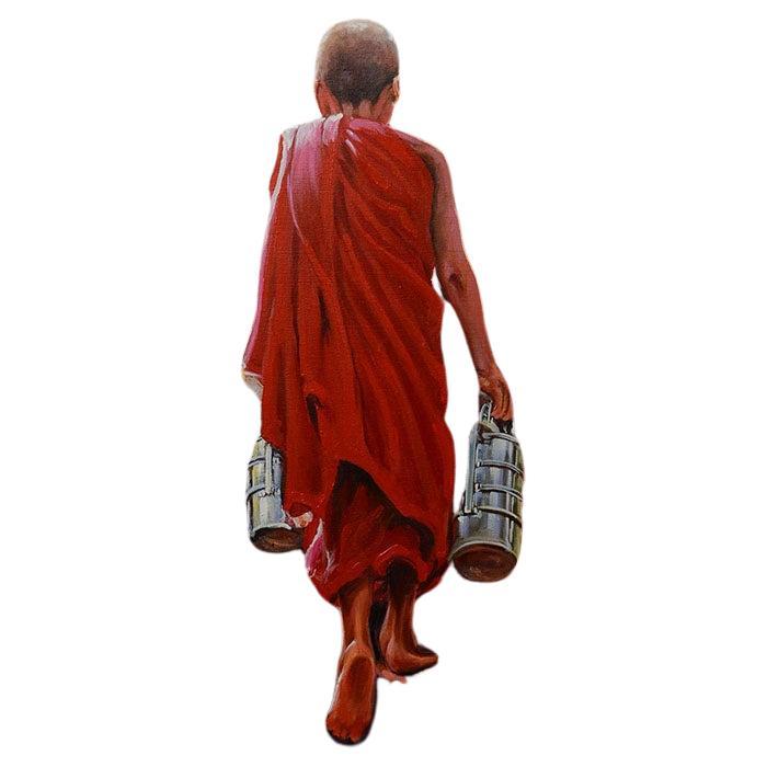 Burmese Oil Painting of A Monk Walking Up a Stair For Sale