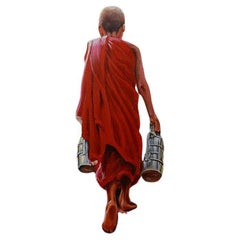 Burmese Oil Painting of A Monk Walking Up a Stair