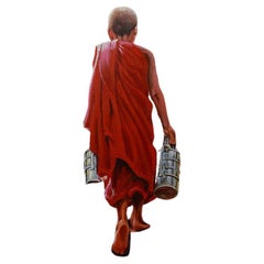 Burmese Oil Painting of A Monk Walking Up a Stair