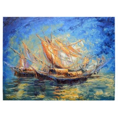 Burmese Oil Painting of Boats Sailing in the Sea