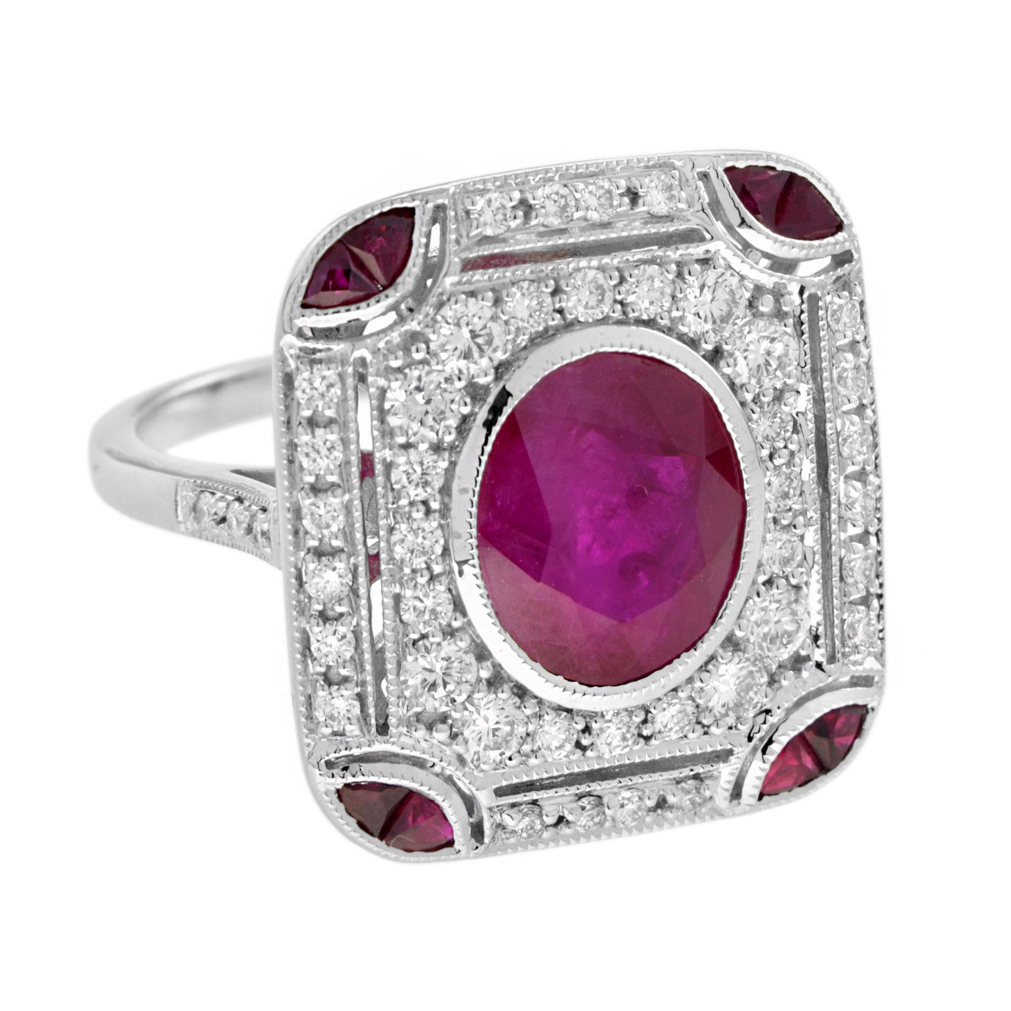 Un bellissimo anello di ispirazione Art Deco con un rubino ovale centrale e diamanti rotondi taglio brillante e otto rubini taglio francese. Questo anello che cattura l'attenzione è stupefacente grazie ai diamanti bianchi brillanti su oro bianco 18
