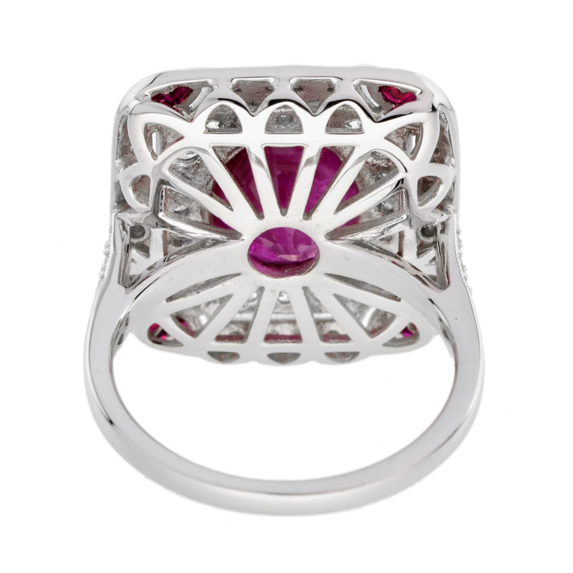 Taglio ovale Anello birmano di forma ovale con rubino e diamanti in stile Art Deco in oro bianco 18 carati in vendita