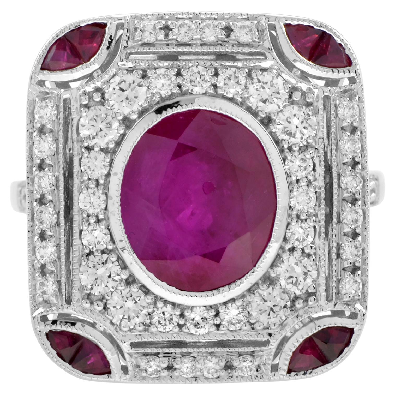 Anello birmano di forma ovale con rubino e diamanti in stile Art Deco in oro bianco 18 carati in vendita