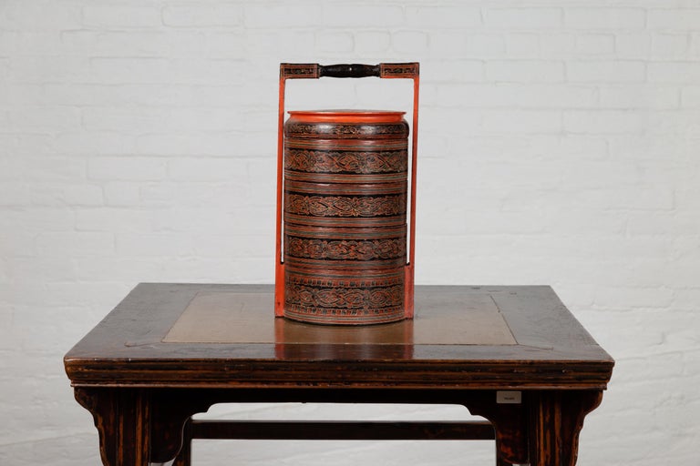 Burmese Pagan Dynasty Style Stacking Picnic Basket with Underglaze