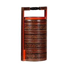 Retro Burmese Pagan Dynasty Style Stacking Picnic Basket with Underglaze Decor