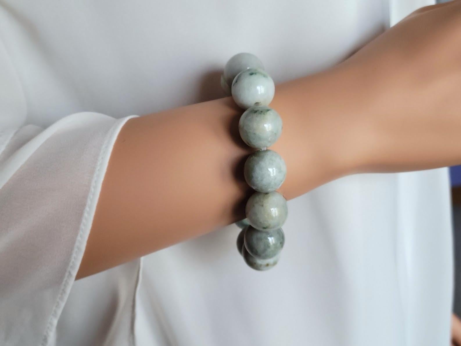 Women's or Men's Burmese Pale Celadon Jade Beaded Stretch Bracelet For Sale