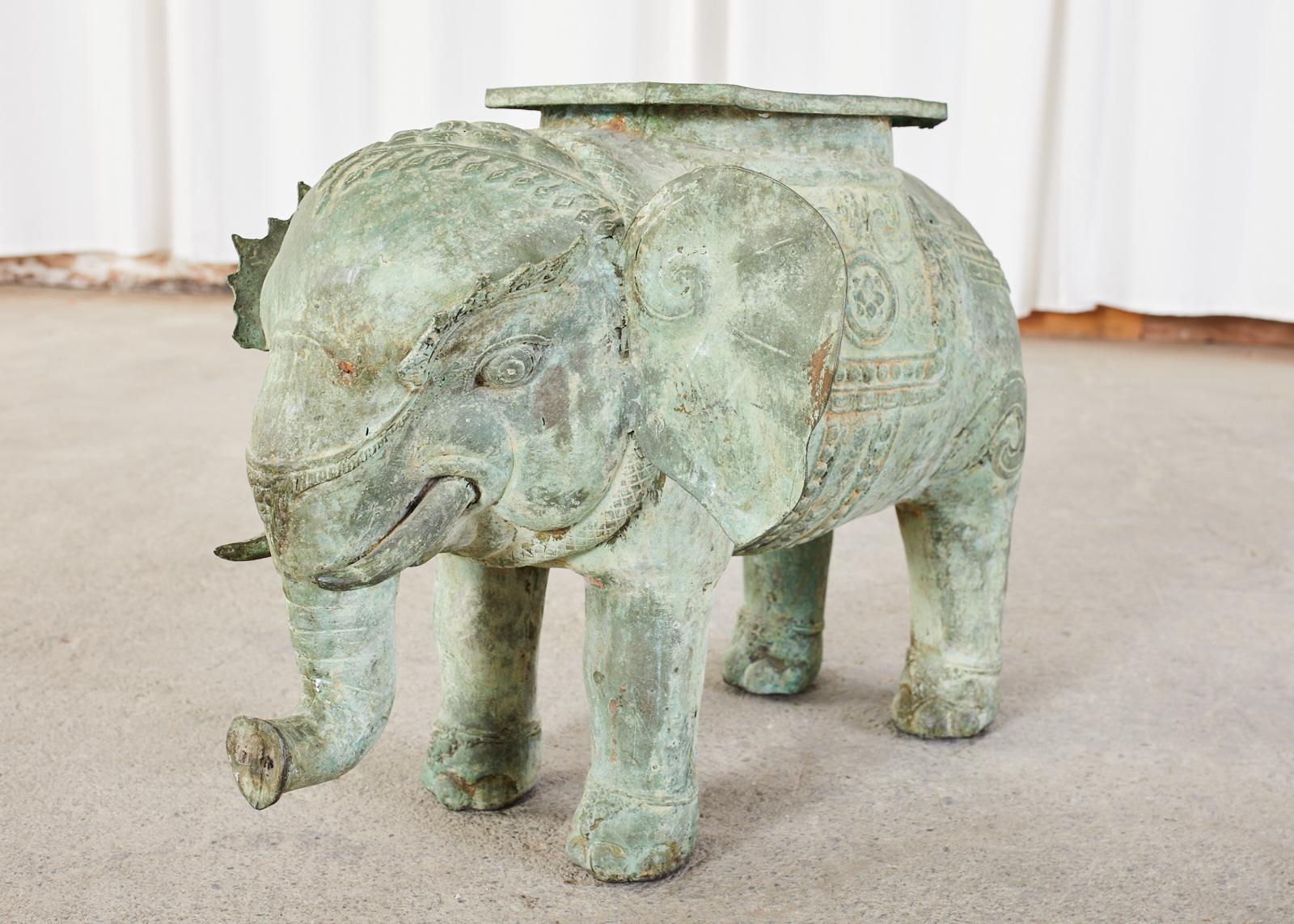 Burmese Patinated Bronze Elephant Garden Stool or Drink Table In Distressed Condition In Rio Vista, CA