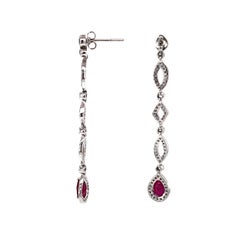 Burmese Pear Cut Ruby 3.84 Carat Round Diamond Dangling Platinum Earrings