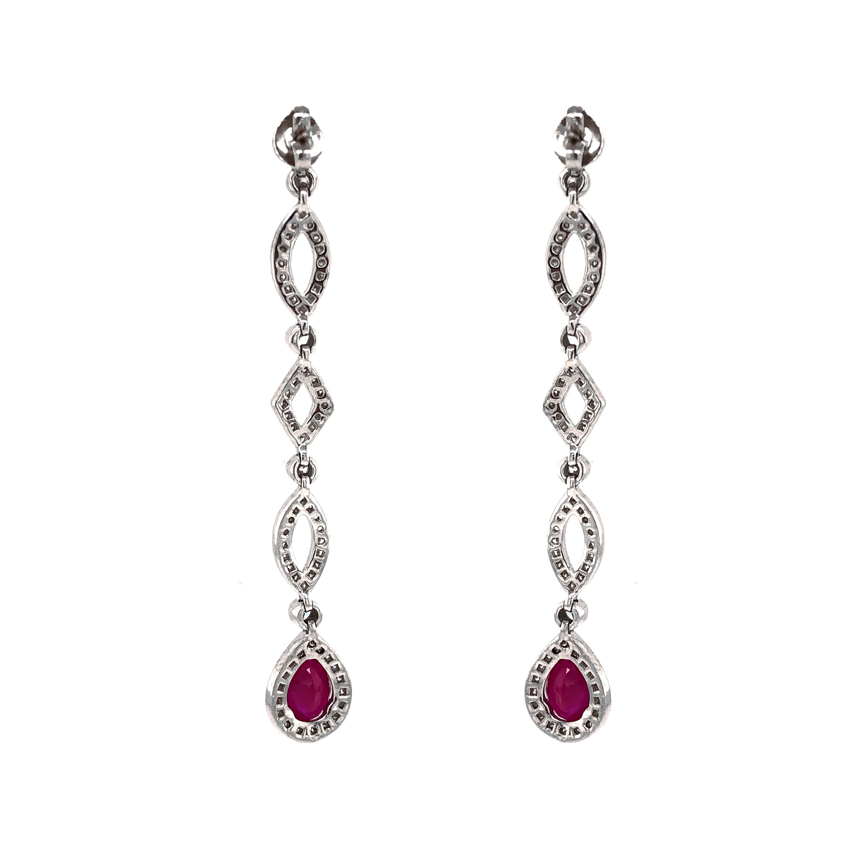 Contemporary Burmese Pear Cut Ruby 3.84 Carat Round Diamond Dangling Platinum Earrings For Sale