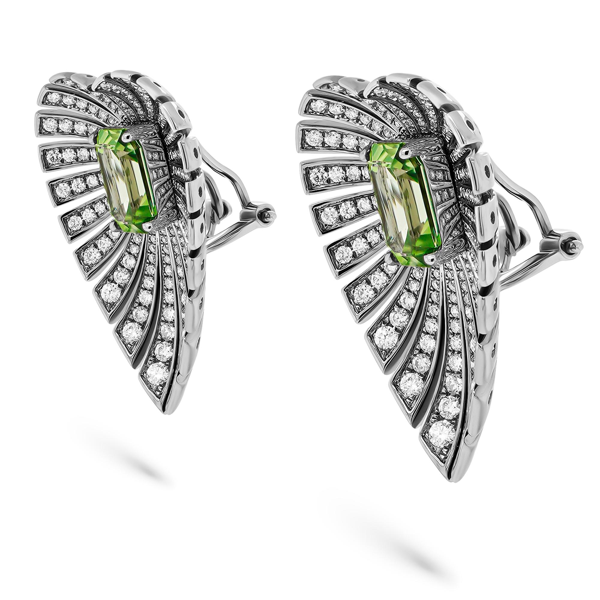 Emerald Cut Burmese Peridot 4.12 Carat Top Quality & Diamond Designer Cocoon 18K Earring For Sale