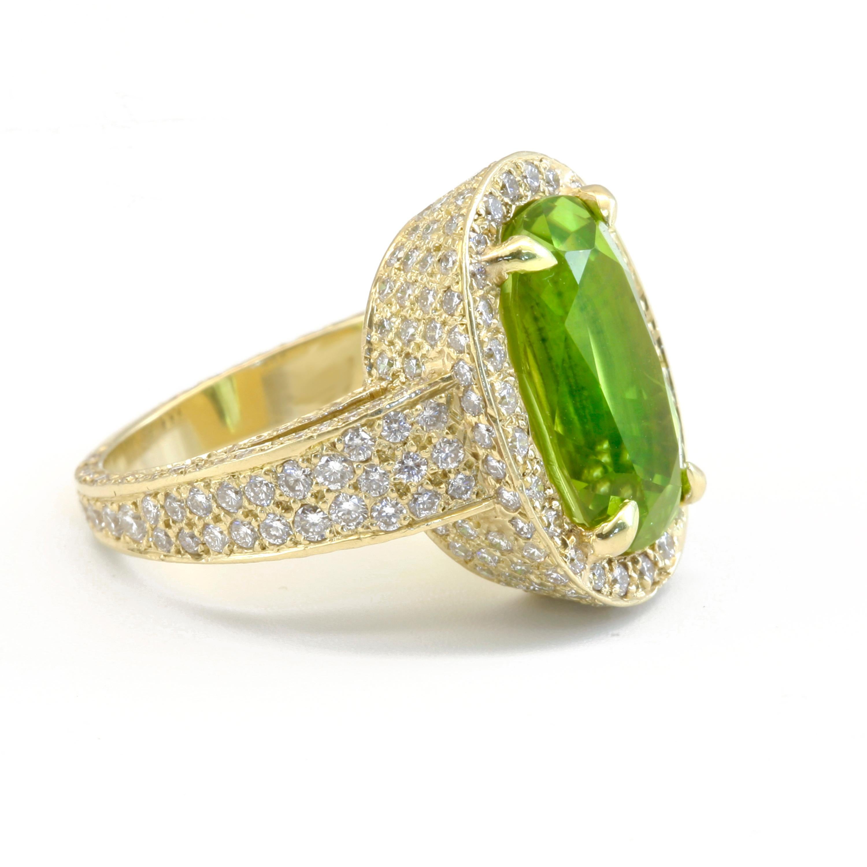 Artisan Diana Kim England Burmese Peridot Ring with Micro Pave Diamonds Set in 18k Gold For Sale