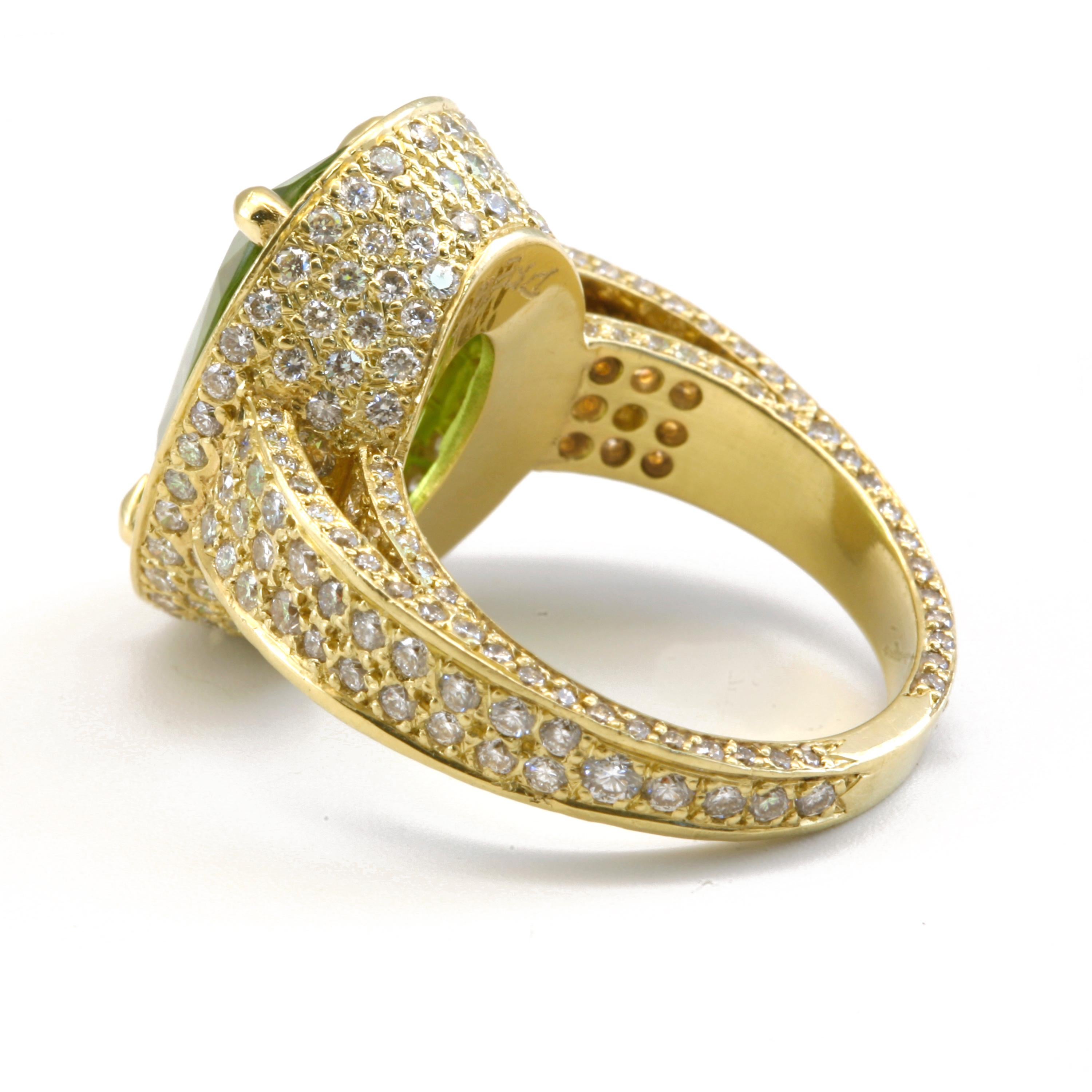 Oval Cut Diana Kim England Burmese Peridot Ring with Micro Pave Diamonds Set in 18k Gold For Sale