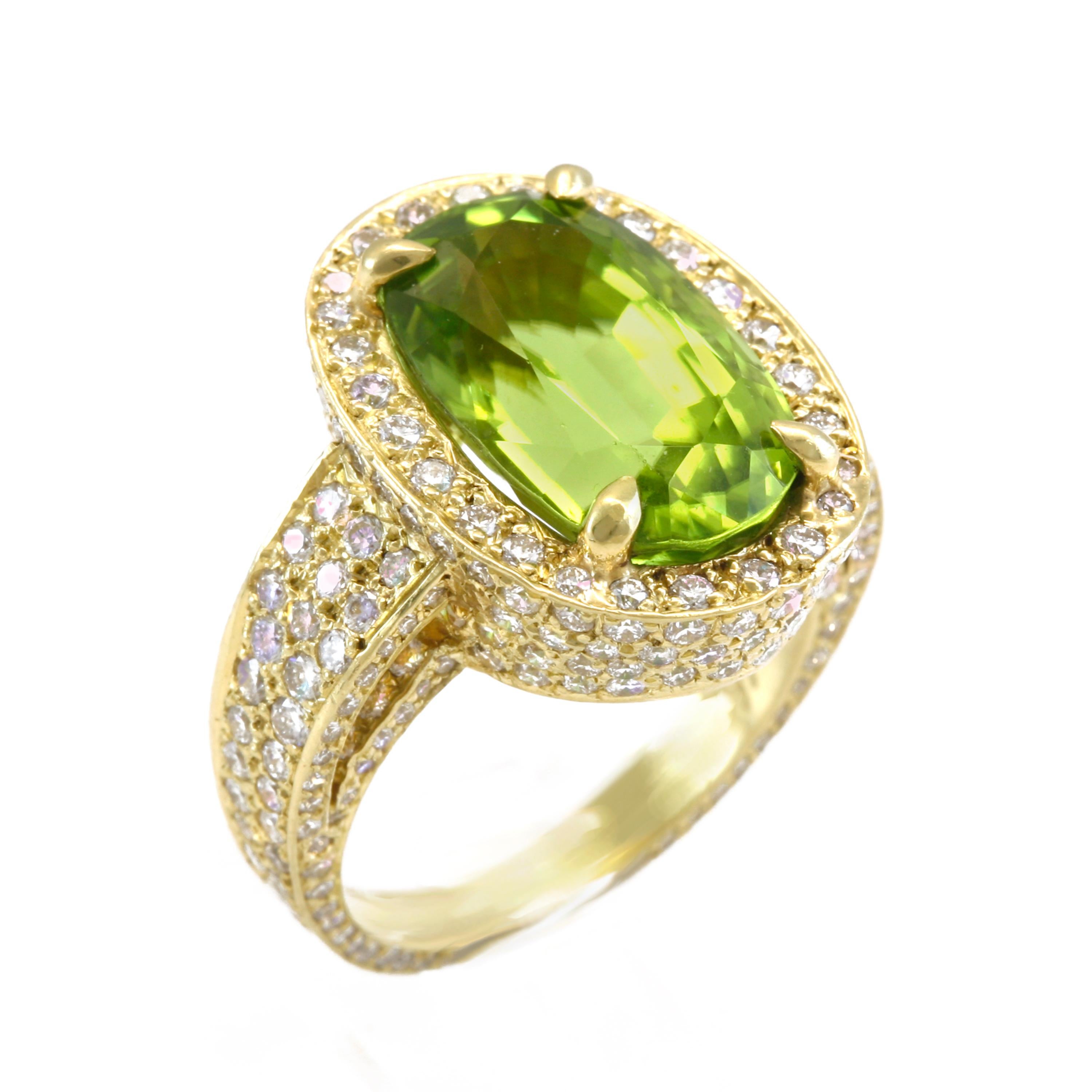 Diana Kim England Burmese Peridot Ring with Micro Pave Diamonds Set in 18k Gold In New Condition For Sale In Red Hook, NY