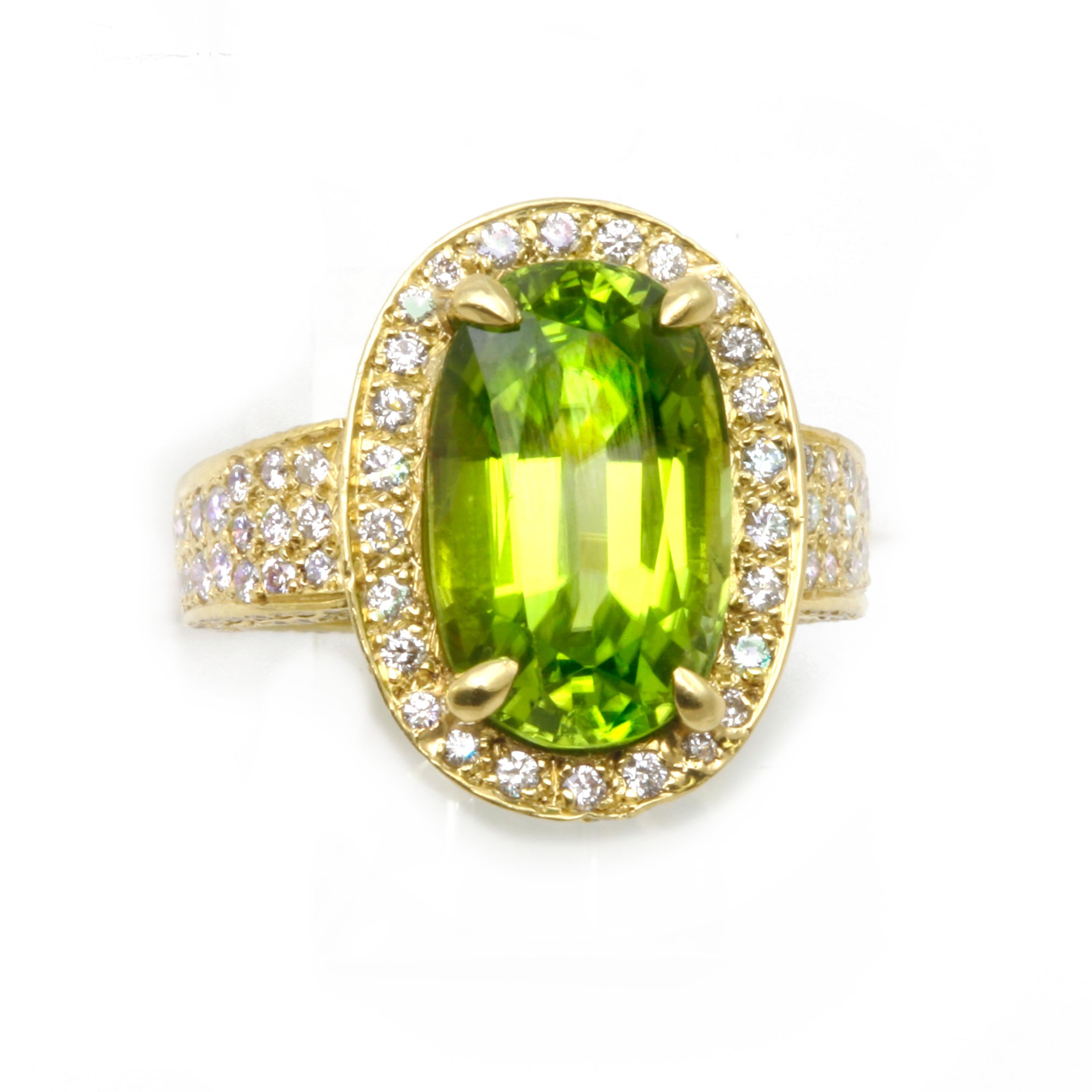 Women's Diana Kim England Burmese Peridot Ring with Micro Pave Diamonds Set in 18k Gold For Sale