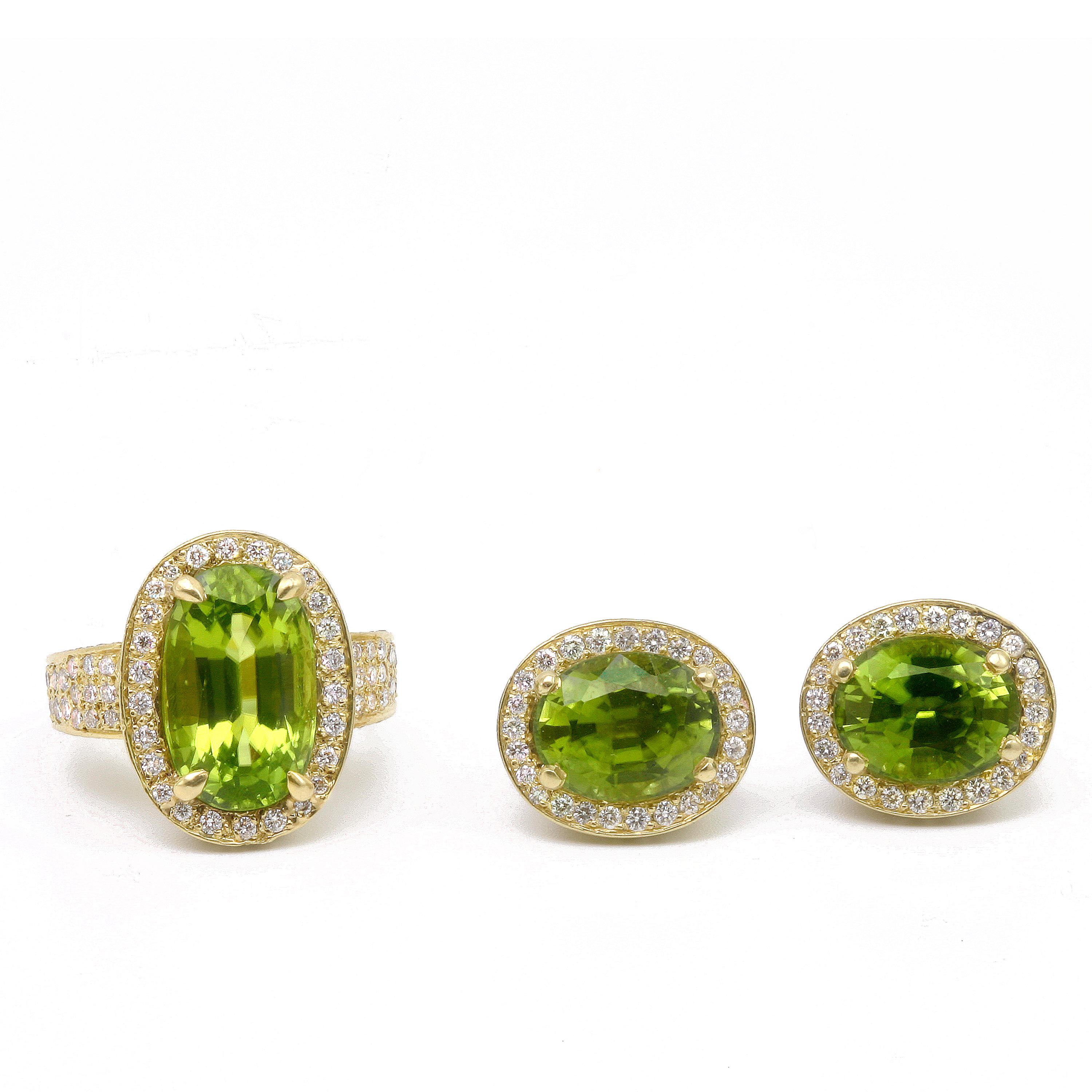 Diana Kim England Burmese Peridot Ring with Micro Pave Diamonds Set in 18k Gold For Sale 1