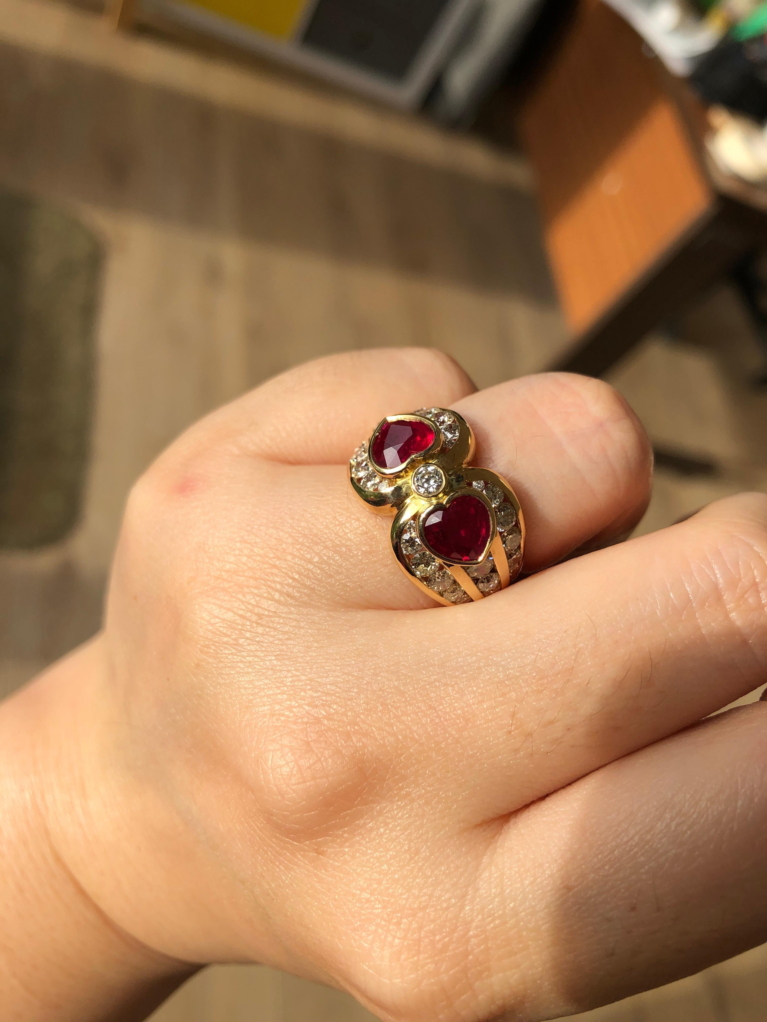 Women's or Men's Burmese Pigeon Blood Double Heart Ruby Ring For Sale