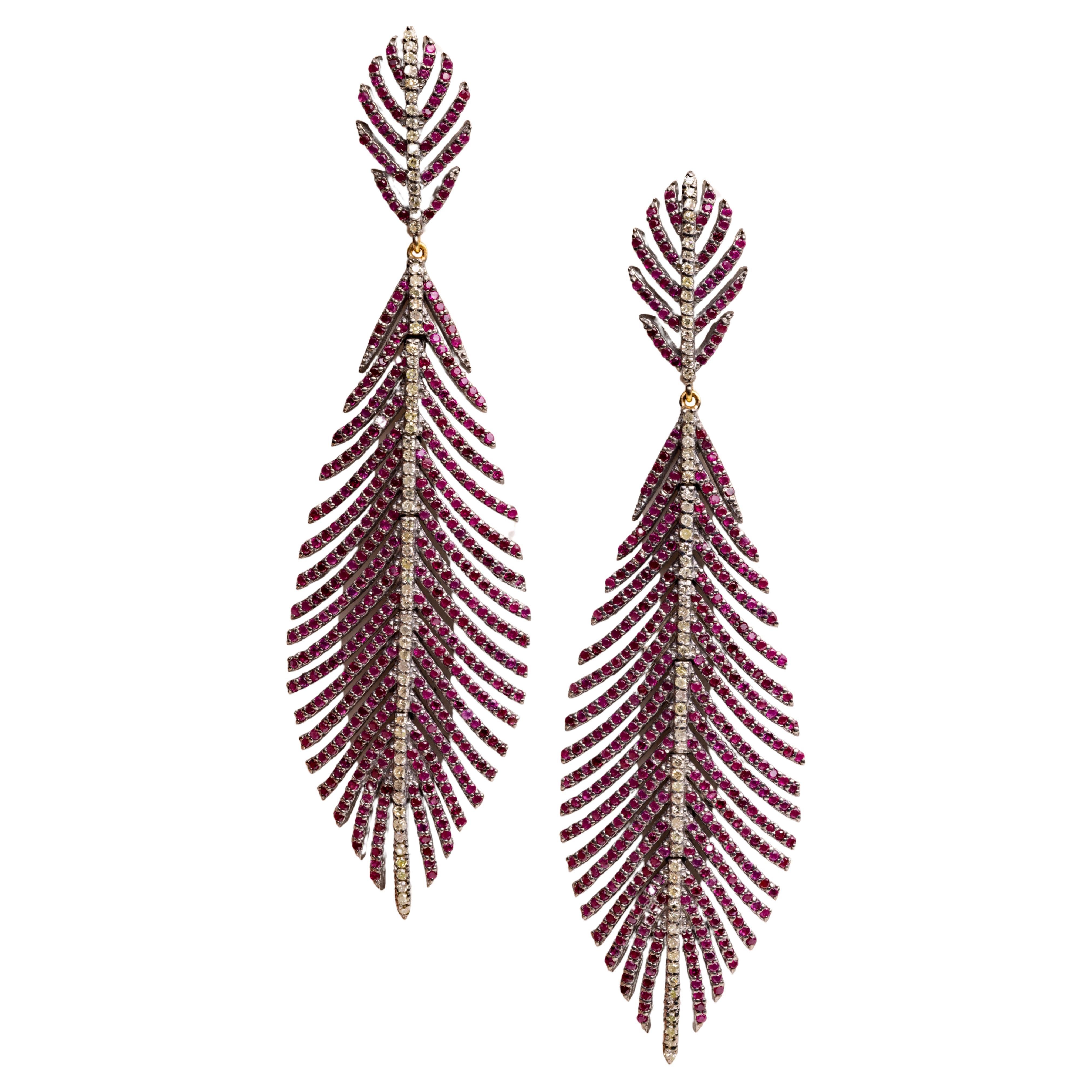 Burmese Pink Ruby Feather Chandelier Dangle Earrings