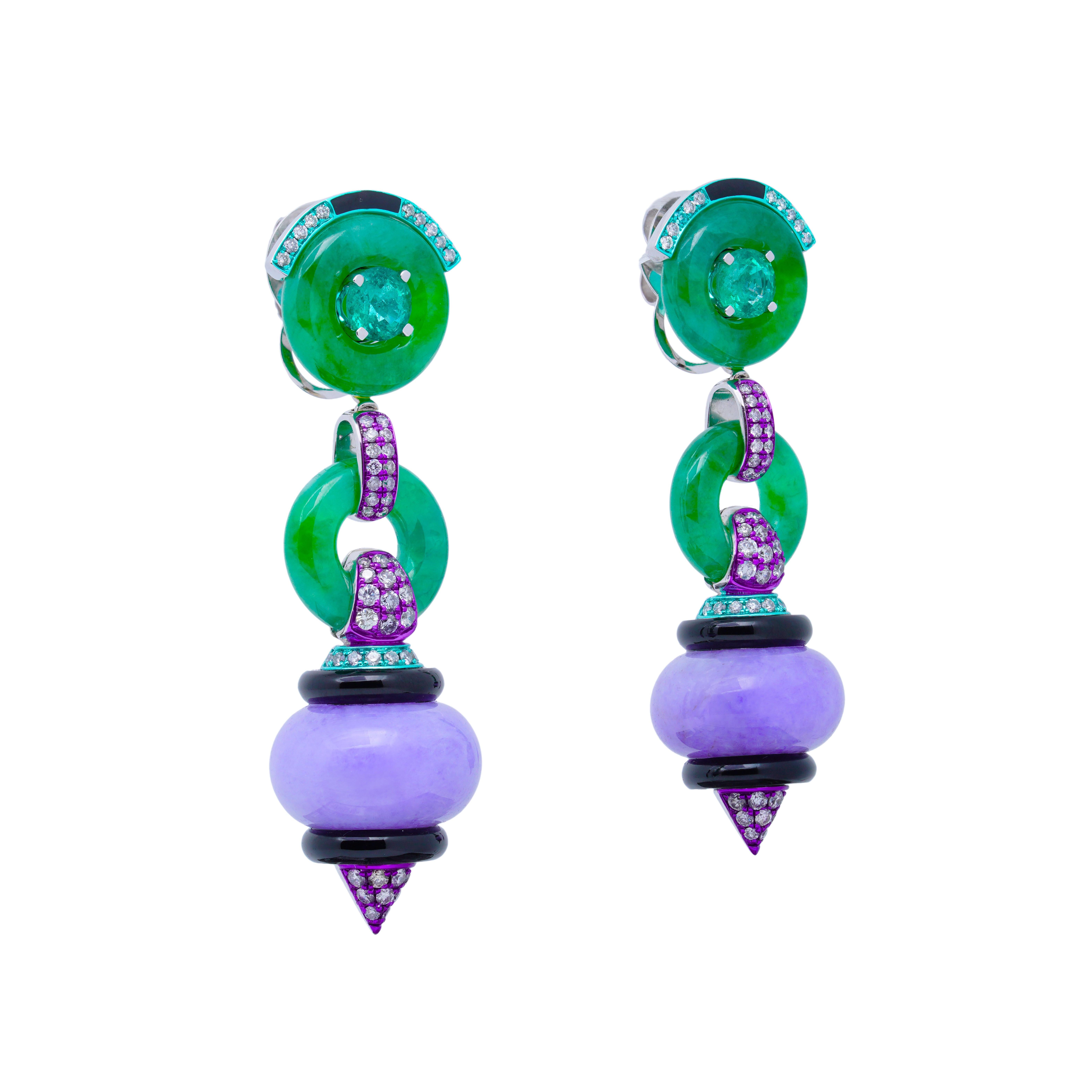 A Magnificent Pair of Jadeite Earrings from the Jade Dynasty Collection by Austy Lee.

This exquisite pair of earrings is a stunning representation of Austy Lee's masterful East-meets-West design aesthetic. Crafted with the finest materials, this