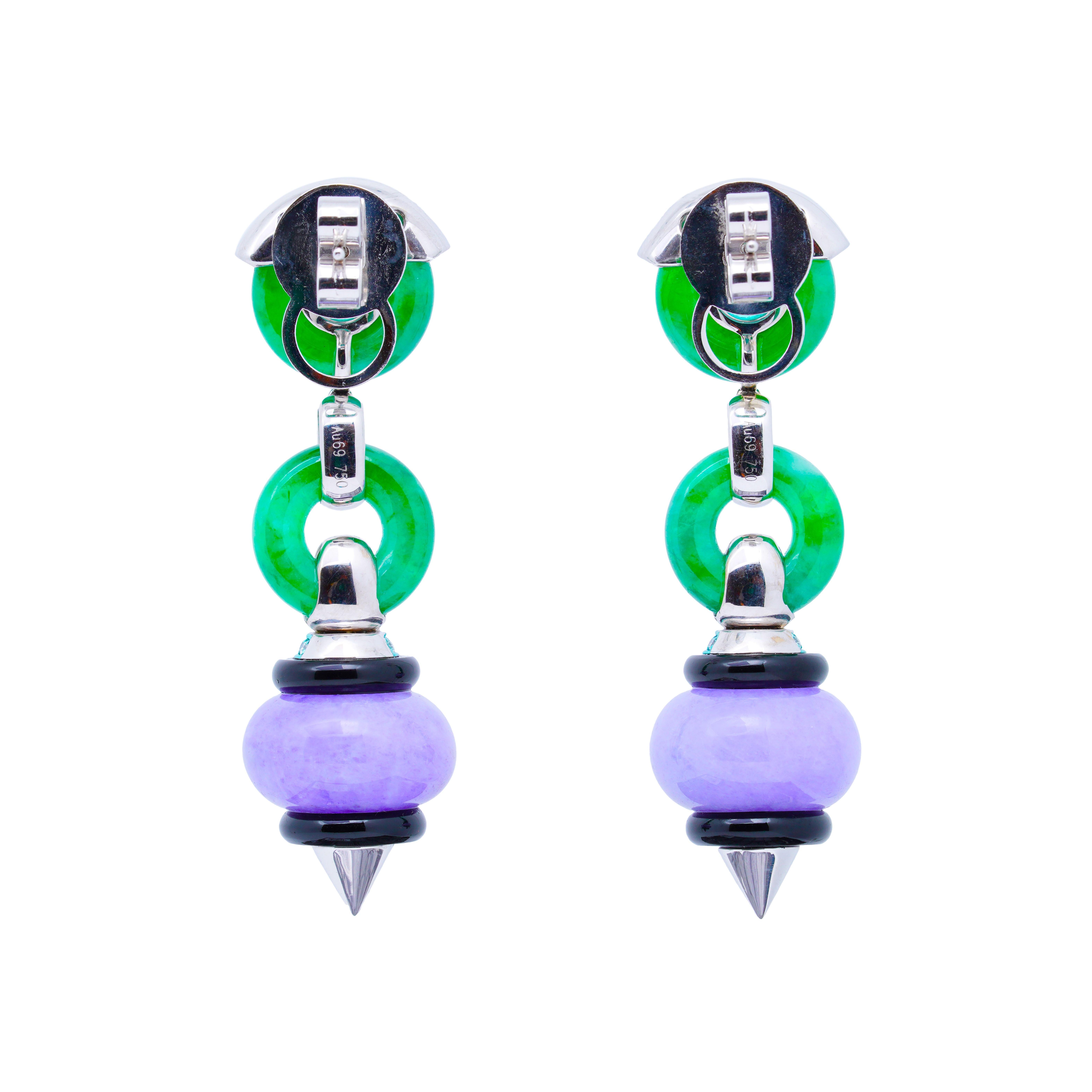 Mixed Cut Burmese Purple/Green Jade, Emerald, Diamond, Onyx Earrings, 18K Gold, Austy Lee