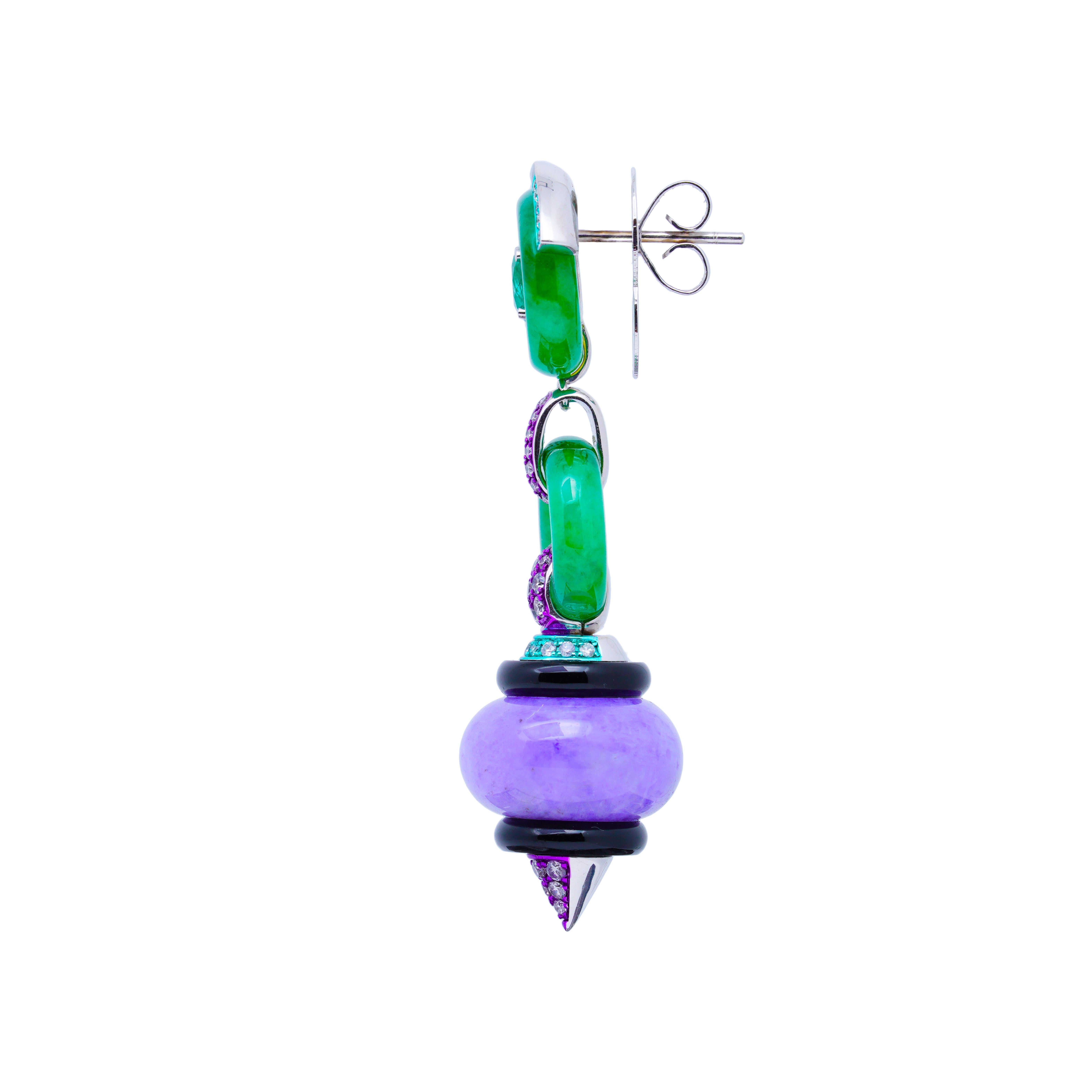 Burmese Purple/Green Jade, Emerald, Diamond, Onyx Earrings, 18K Gold, Austy Lee In New Condition In Hong Kong, HK