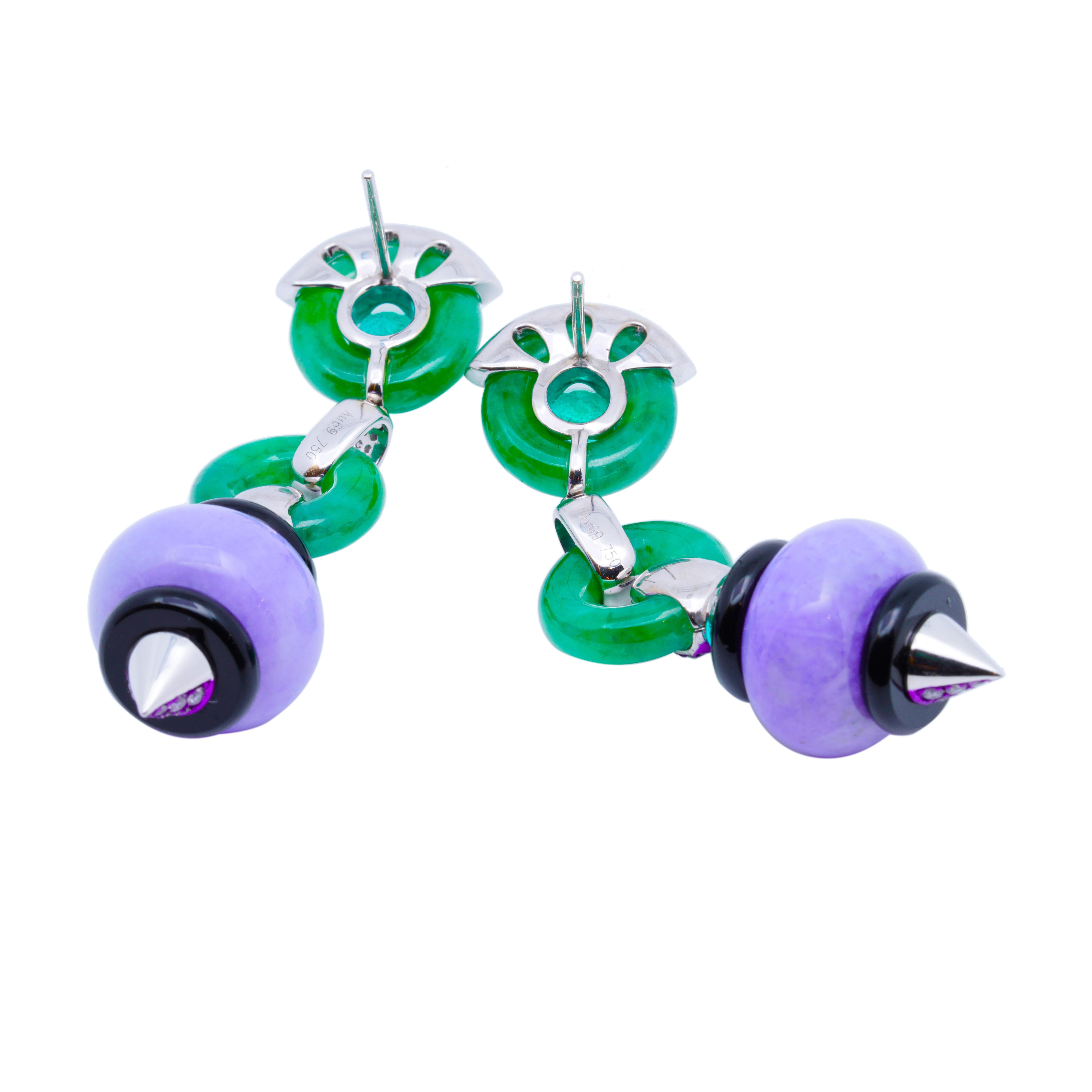 Women's Burmese Purple/Green Jade, Emerald, Diamond, Onyx Earrings, 18K Gold, Austy Lee