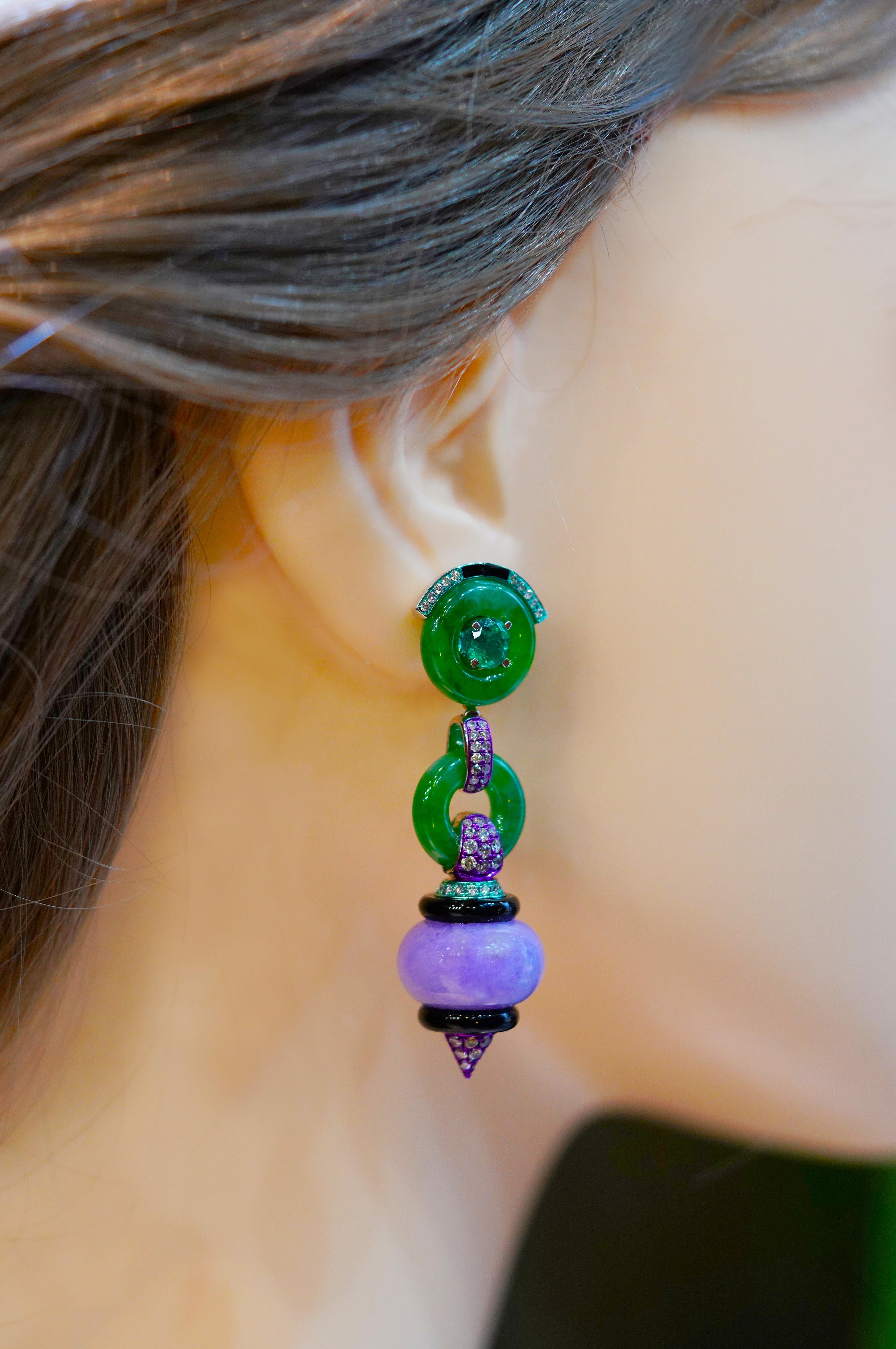 Burmese Purple/Green Jade, Emerald, Diamond, Onyx Earrings, 18K Gold, Austy Lee 1