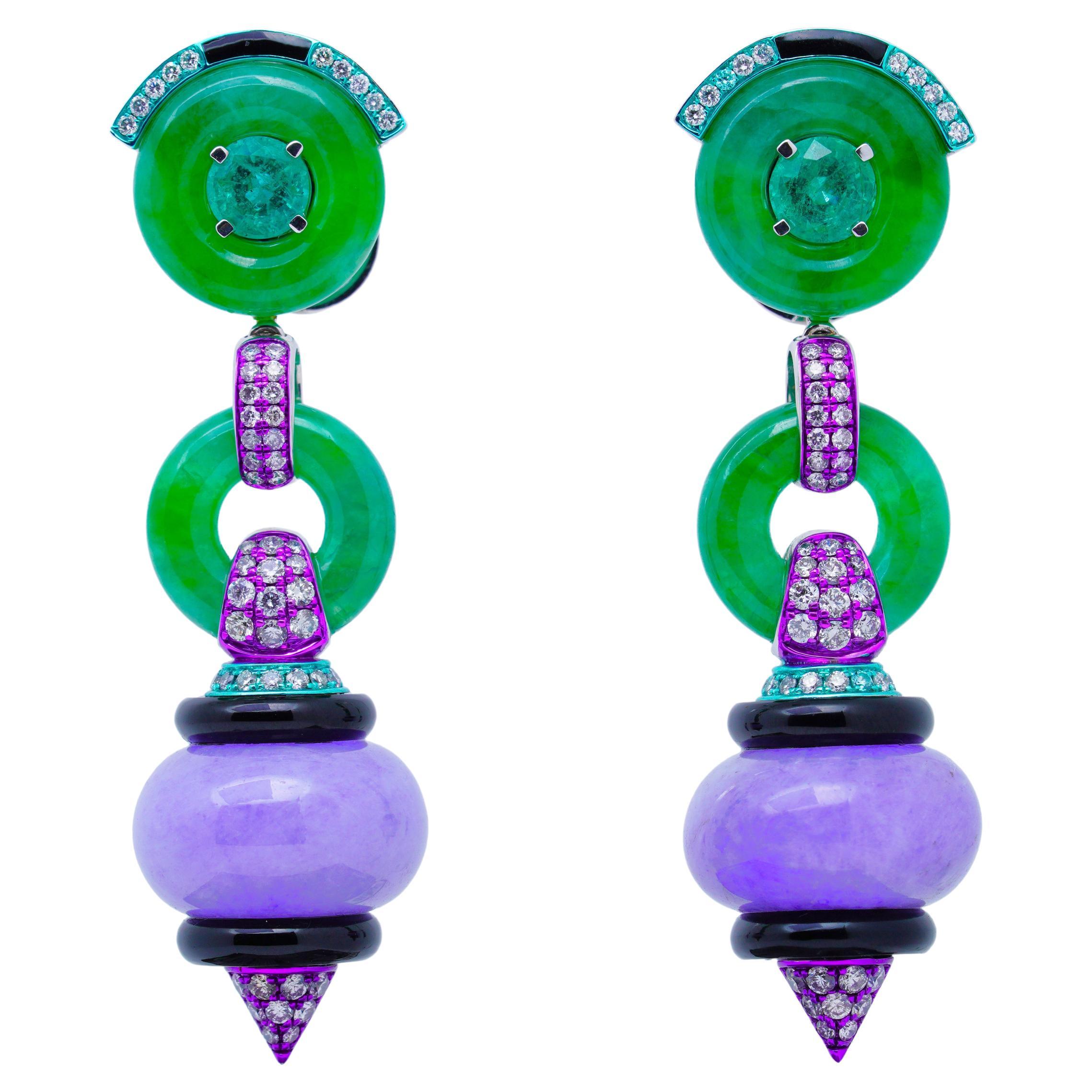 Burmese Purple/Green Jade, Emerald, Diamond, Onyx Earrings, 18K Gold, Austy Lee