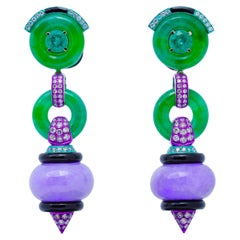 Burmese Purple/Green Jade, Emerald, Diamond, Onyx Earrings, 18K Gold, Austy Lee