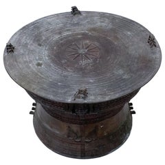 Antique Burmese Rain Drum Cast Bronze Coffee Drink Table Intricate Relief Detail, 1900s