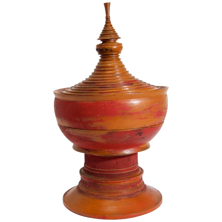 Burmese Red Carved Wood Temple Offering Box Basket For Sale at 1stdibs