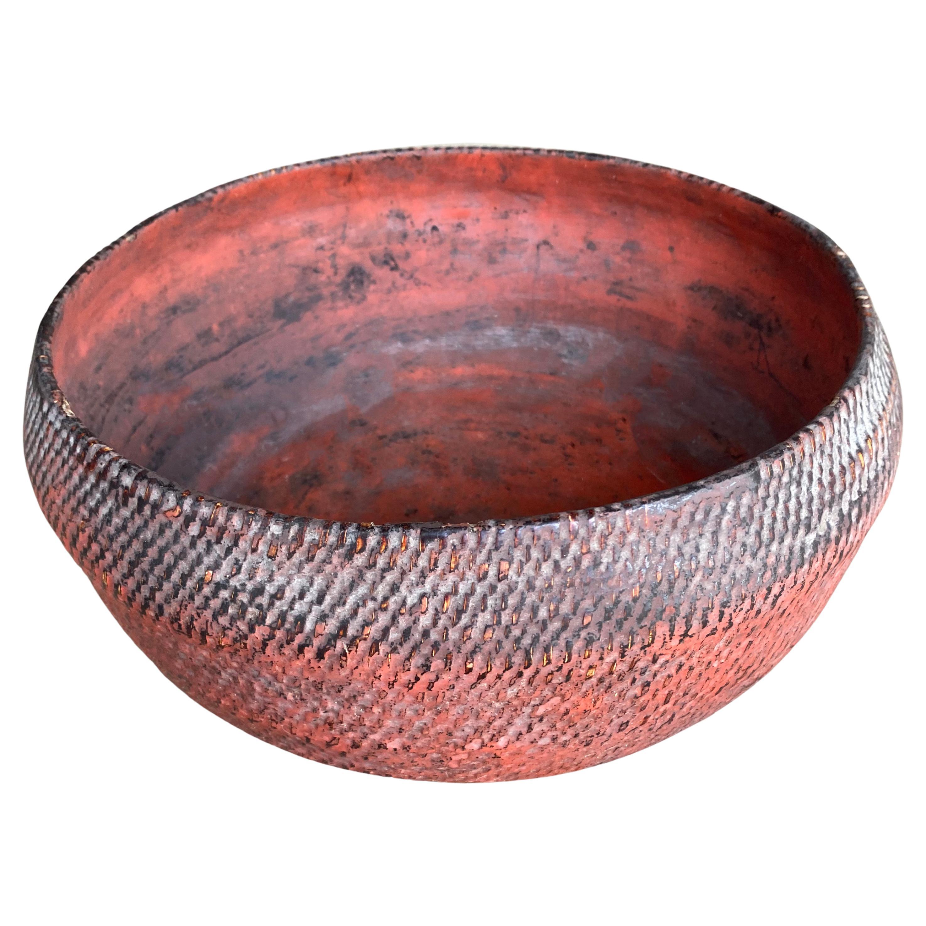 Burmese Red Lacquer Bowl with Woven Bamboo Fibres, Early 20th Century For Sale