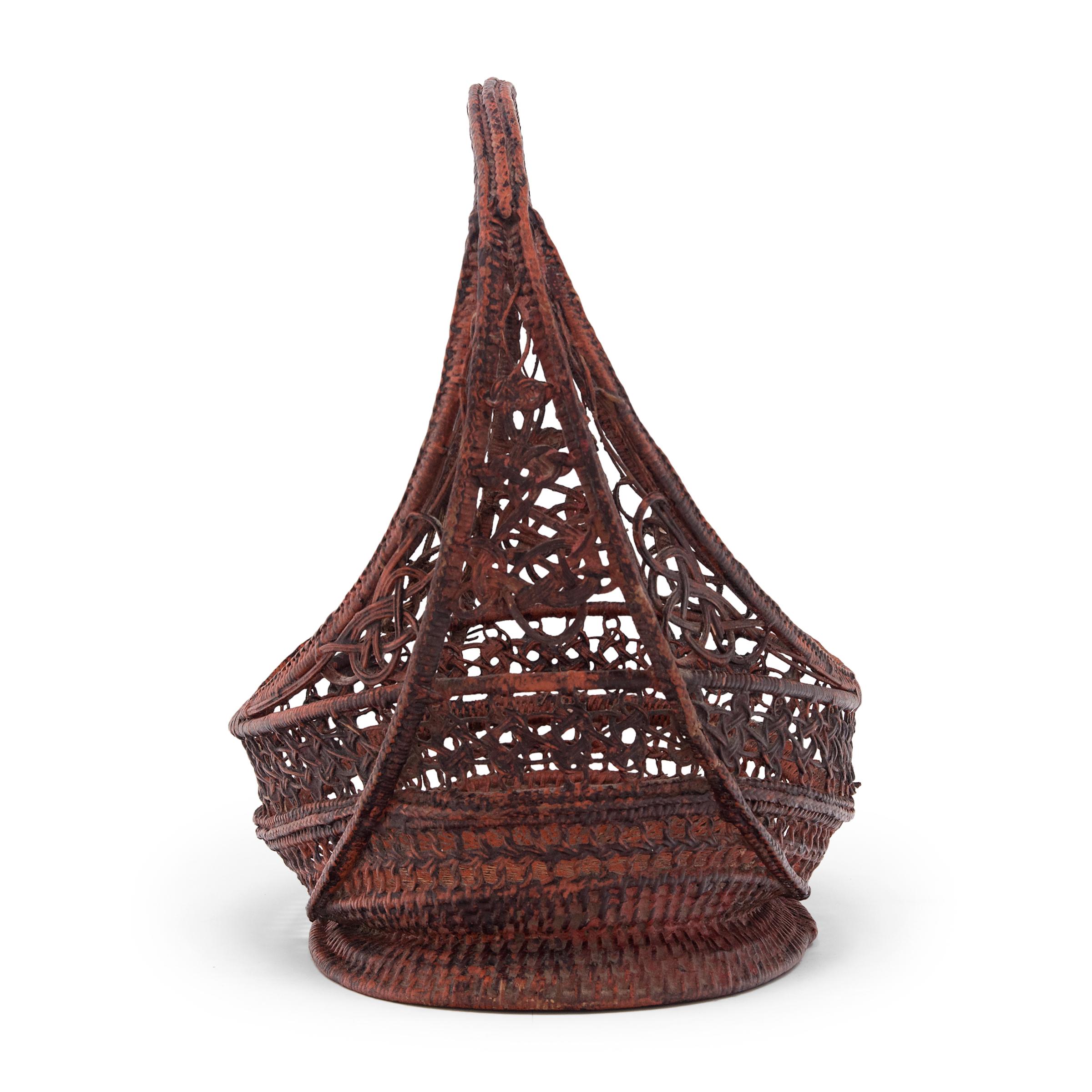 Hand-Woven Burmese Red Lacquer Flower Basket, c. 1900