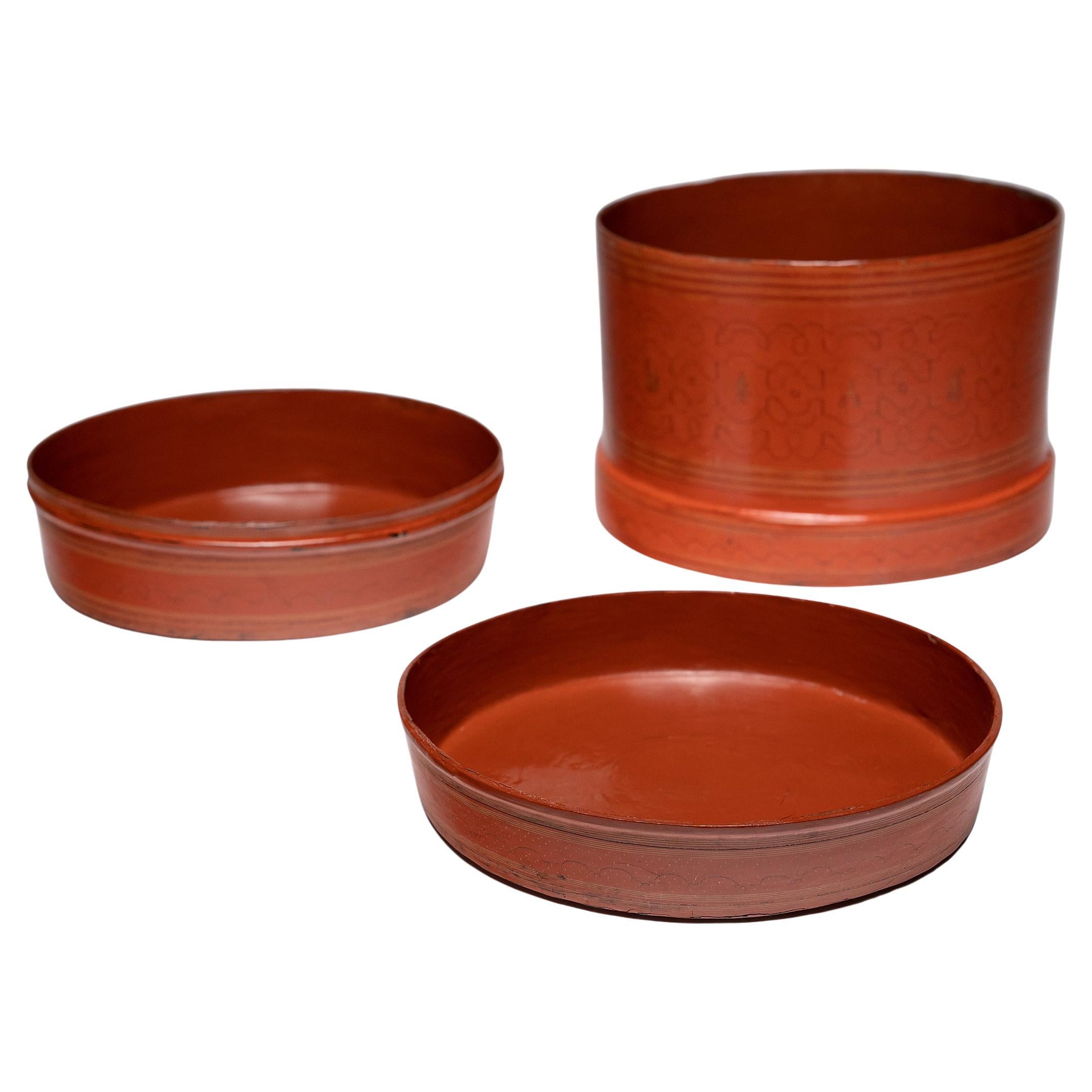 Burmese Red Lacquer Stacking Trays, c. 1900 For Sale