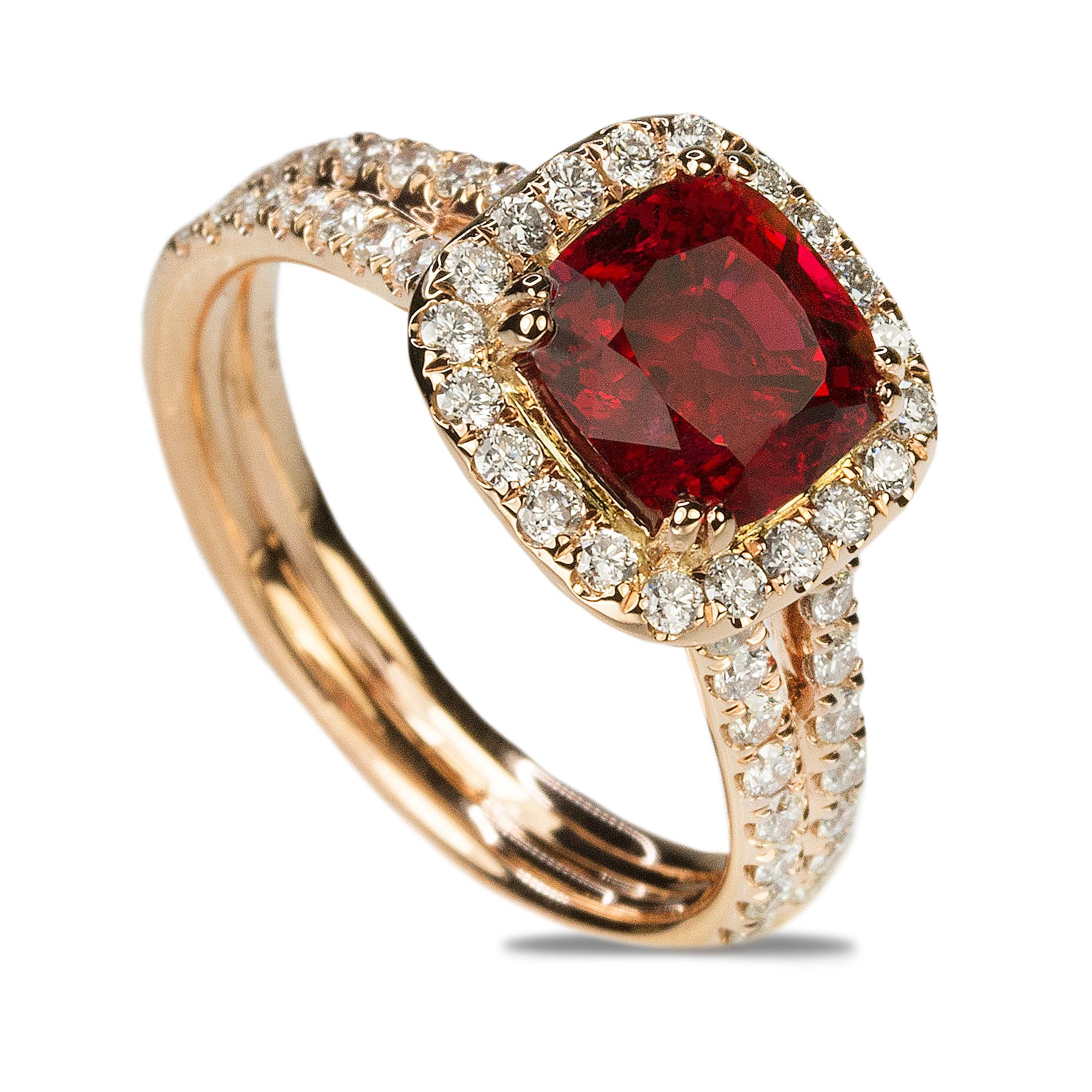 18k Rose Gold Ring with one GIA certified 2.19 carat Burma Red Spinel, set with 52 round brilliant diamonds weighing 1.06 carats. This is the finest Burma Red Spinel we have ever had!