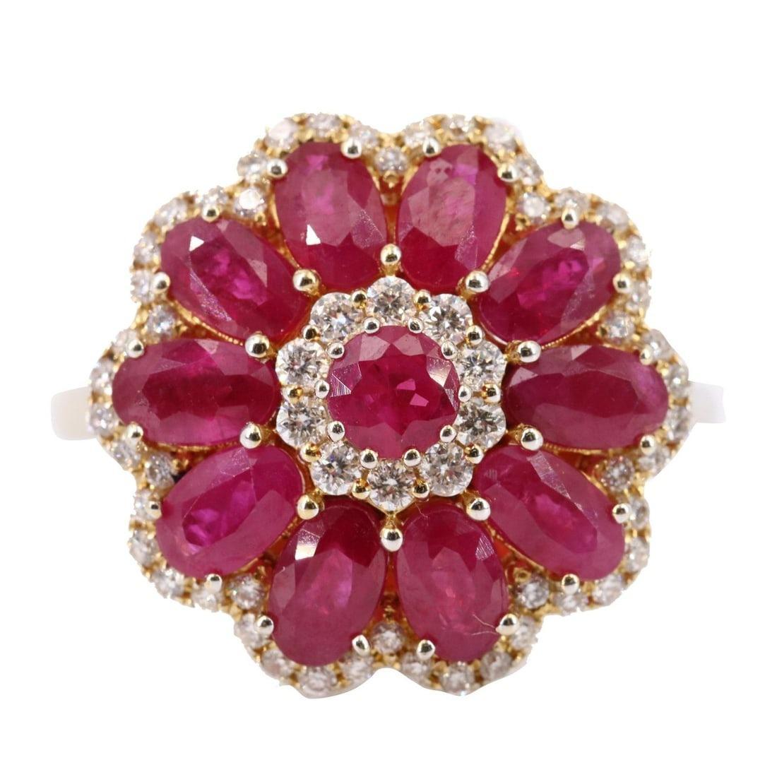 Round Cut Burmese Rubies & Diamonds 18k Gold Ring GIA Certificate For Sale