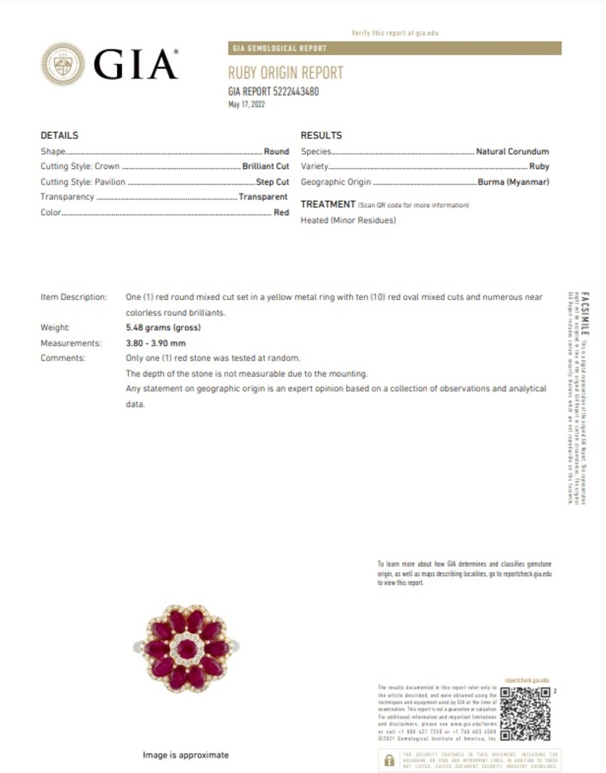 Burmese Rubies & Diamonds 18k Gold Ring GIA Certificate For Sale 1