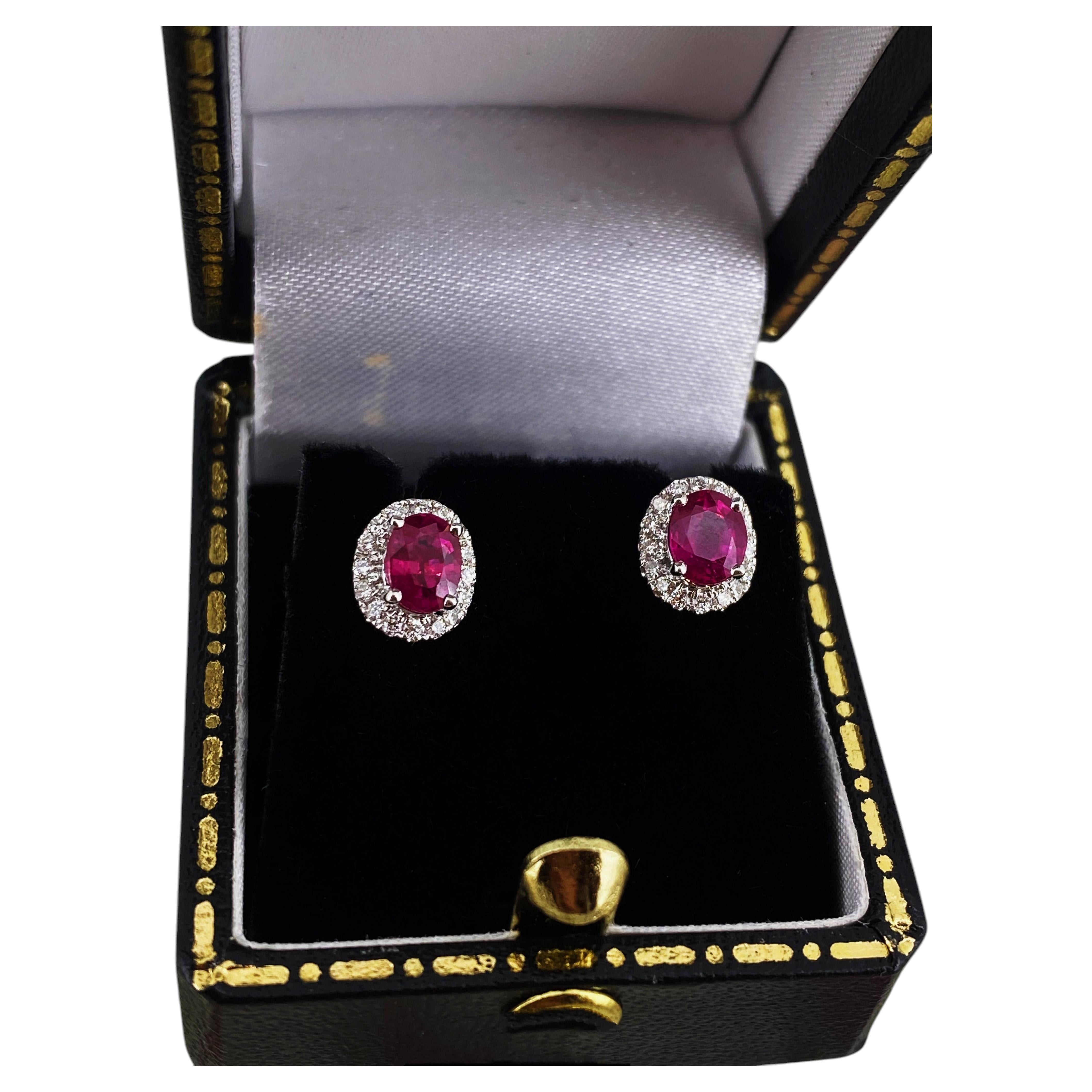 Burmese Ruby (0.60ct) & Diamond Halo Style Stud Earrings in 18K White Gold. For Sale