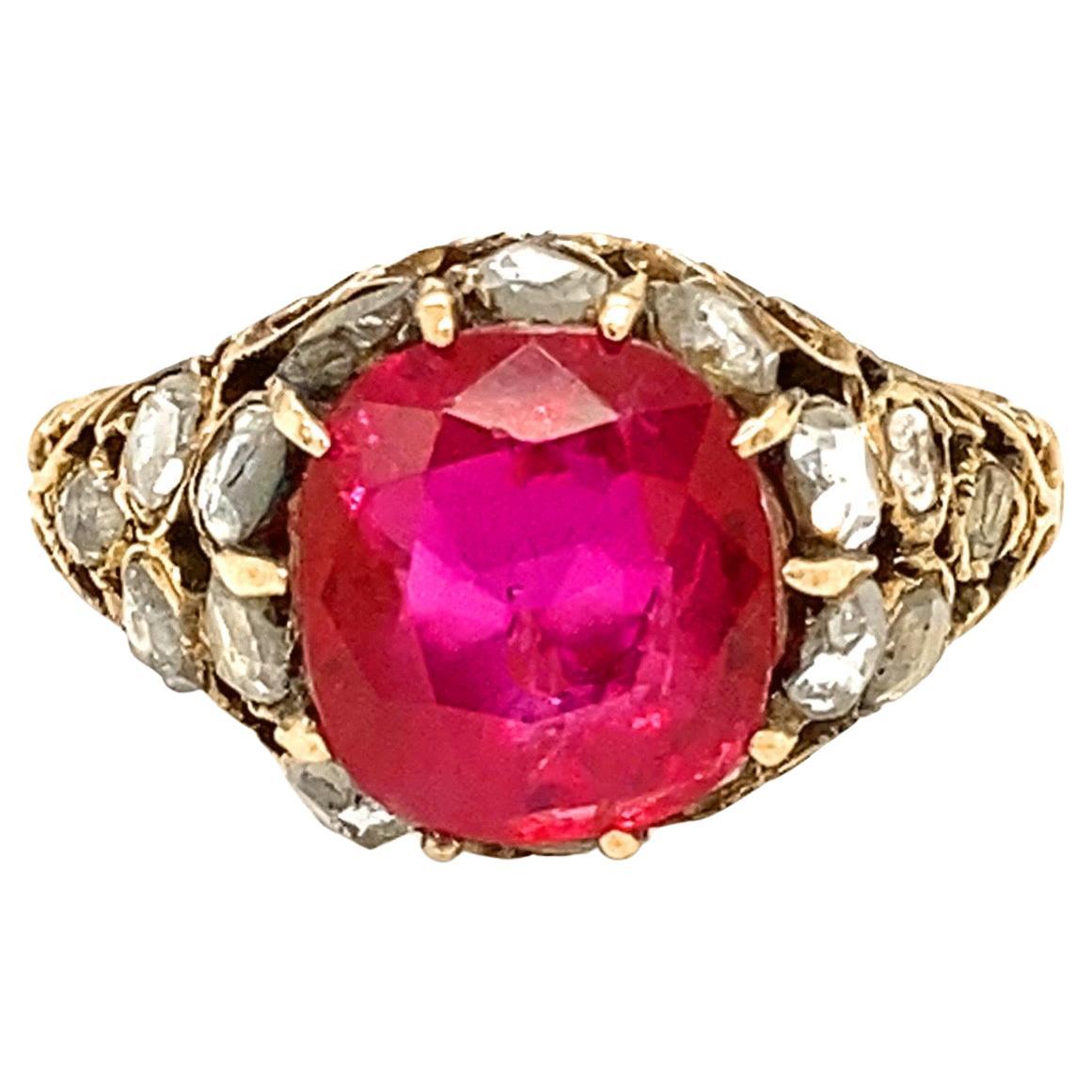 Burmese Ruby 3.34ct and Diamond Gold Ring, Georgian, ca. 1800 For Sale