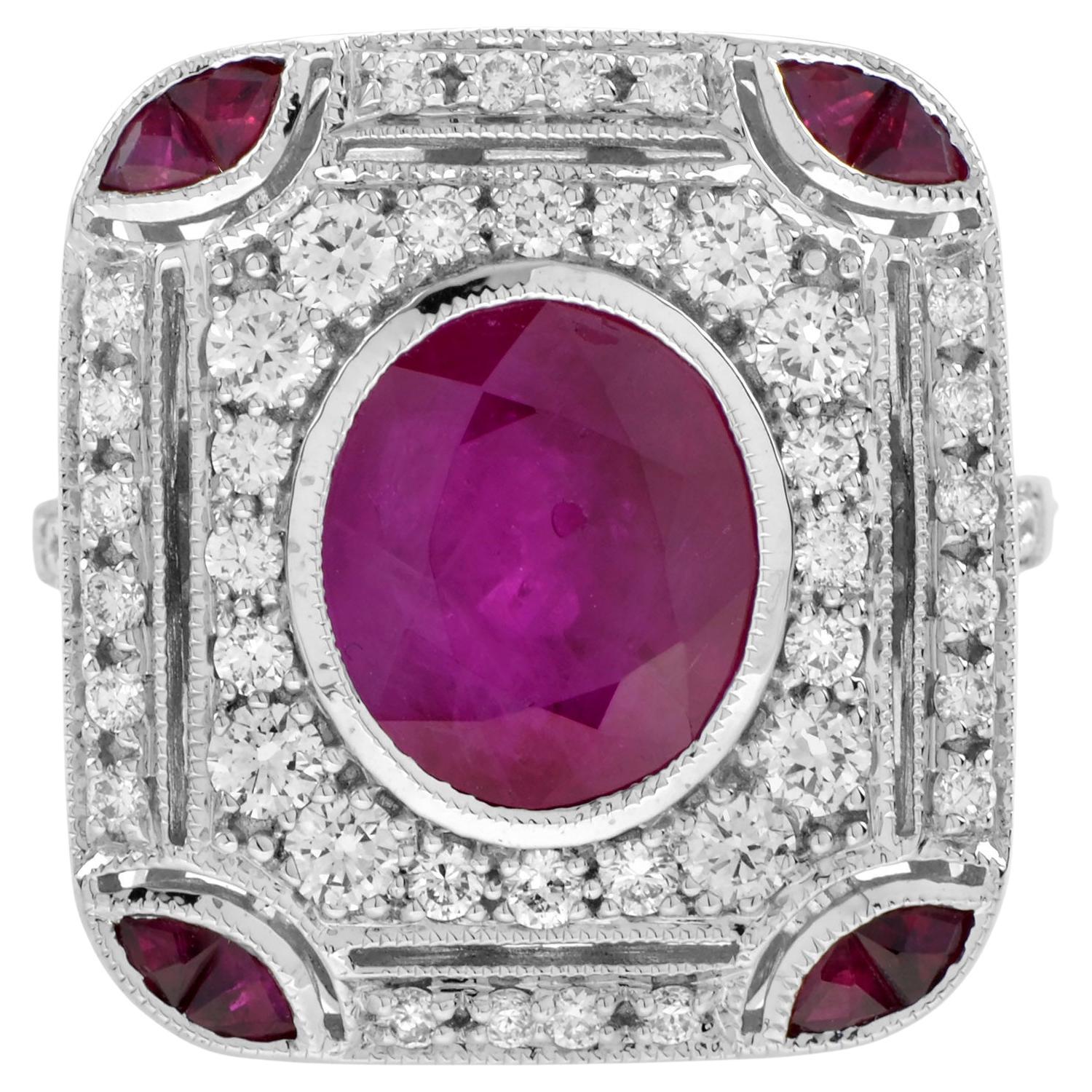 Burmese Ruby and Diamond Accent Art Deco Style Ring in 18k White Gold